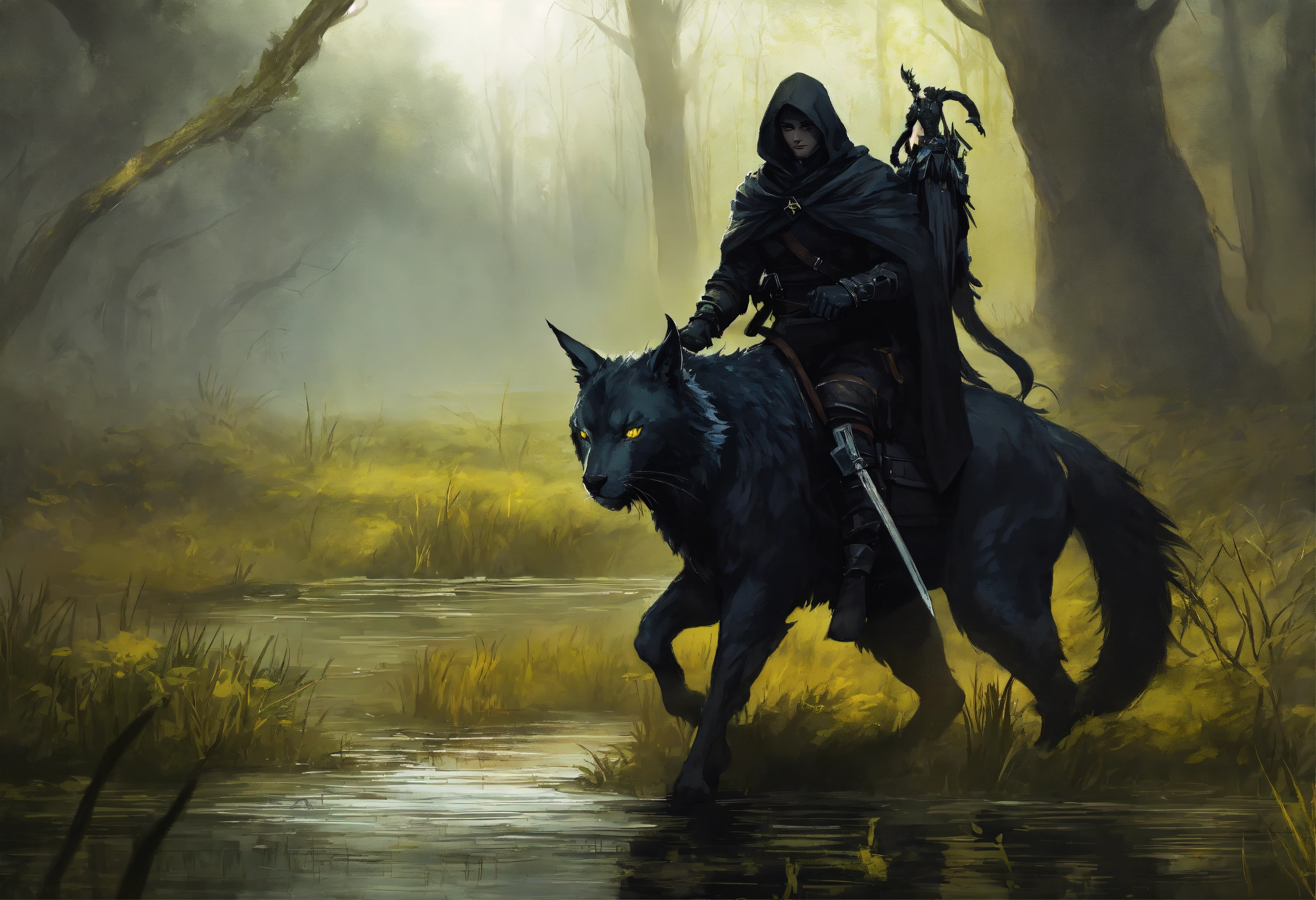 Lexica - Fantasy Digital Painting, Man in black combat cowl riding a ...