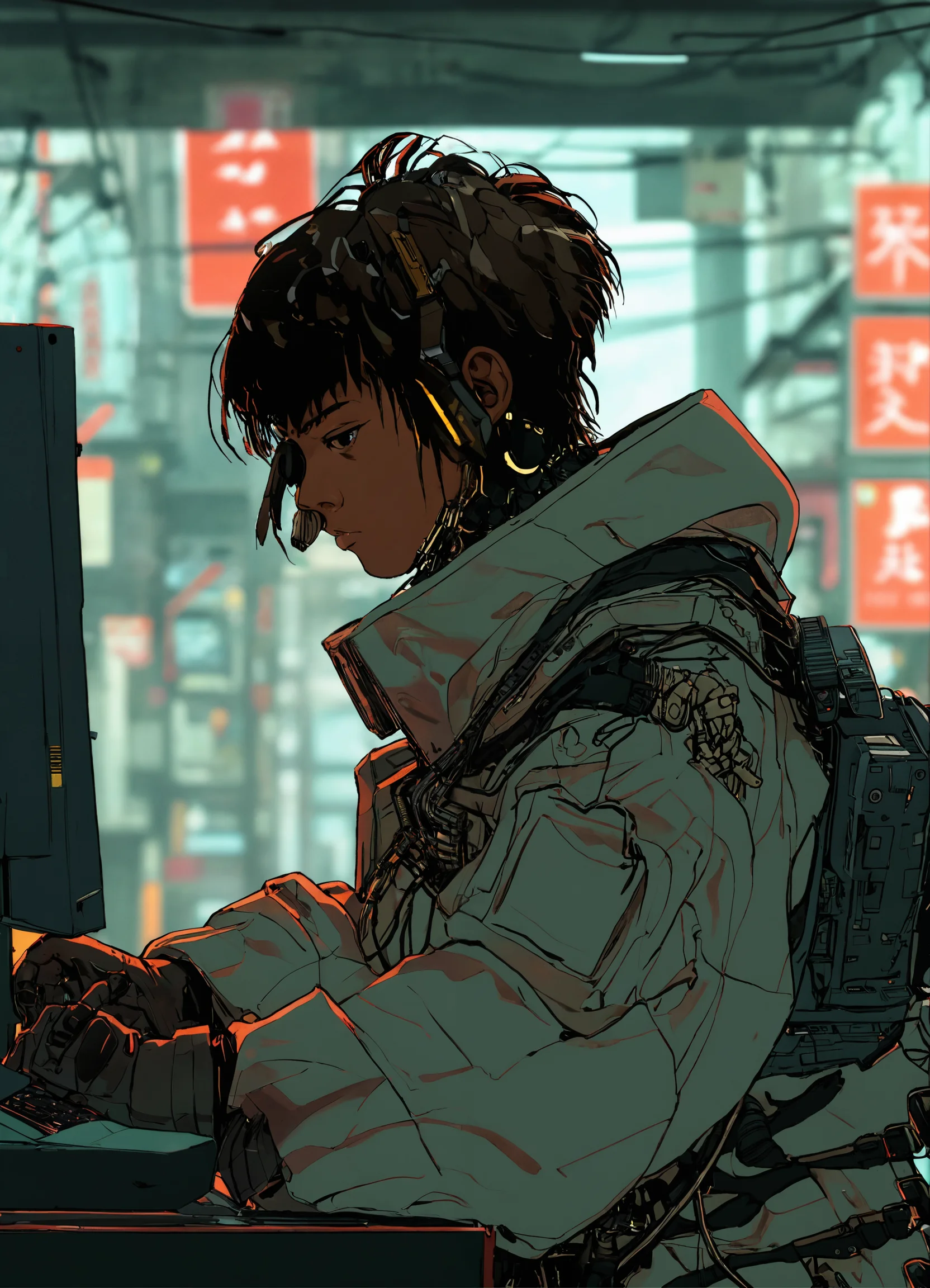 Lexica - Samurai cyberpunk boy, brown skin, short hair, fixing ...