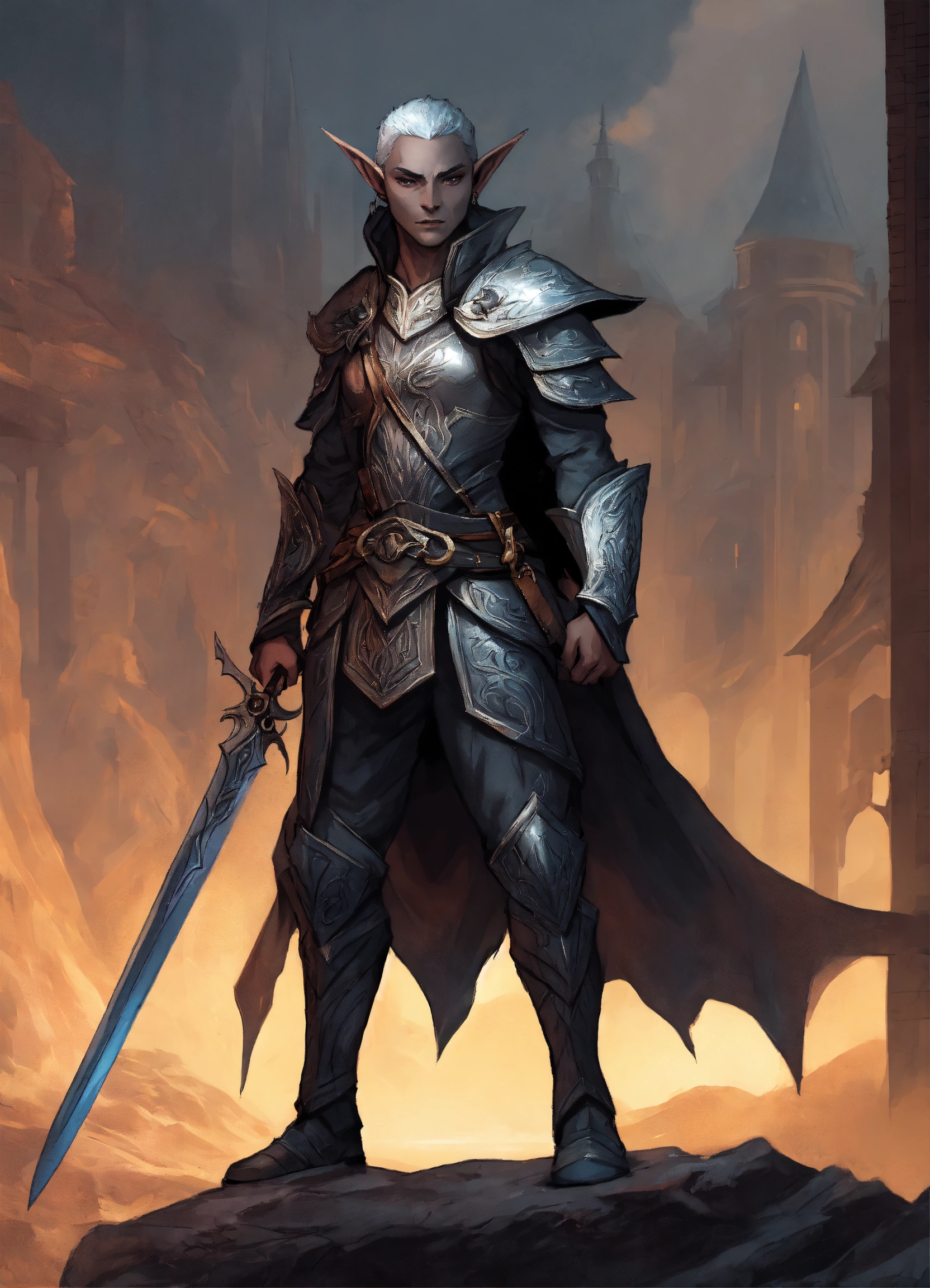 Lexica - Shadow Elf with Gray Skin, small pointy ear, defensive stance ...