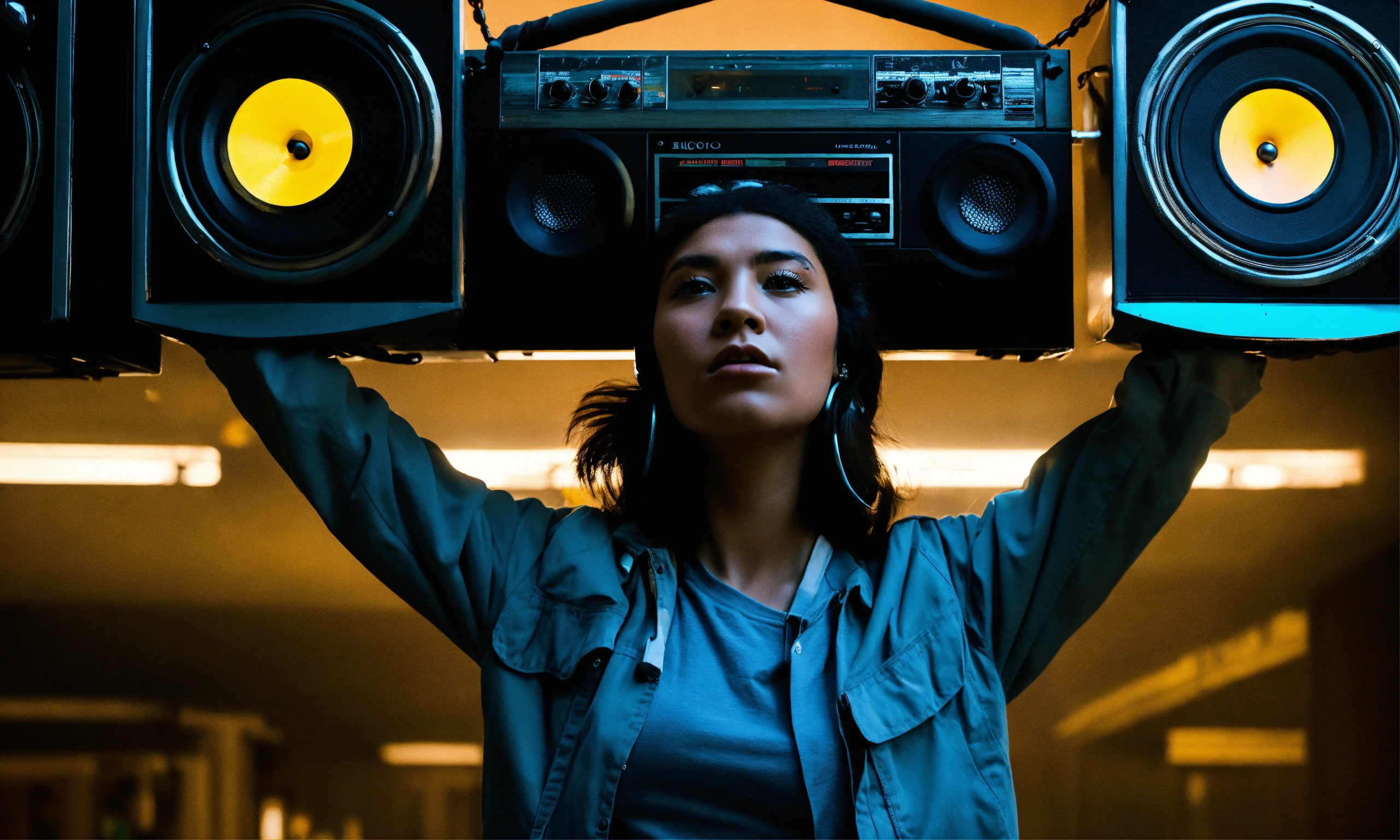 Lexica A woman holding a boombox above her head with a look of