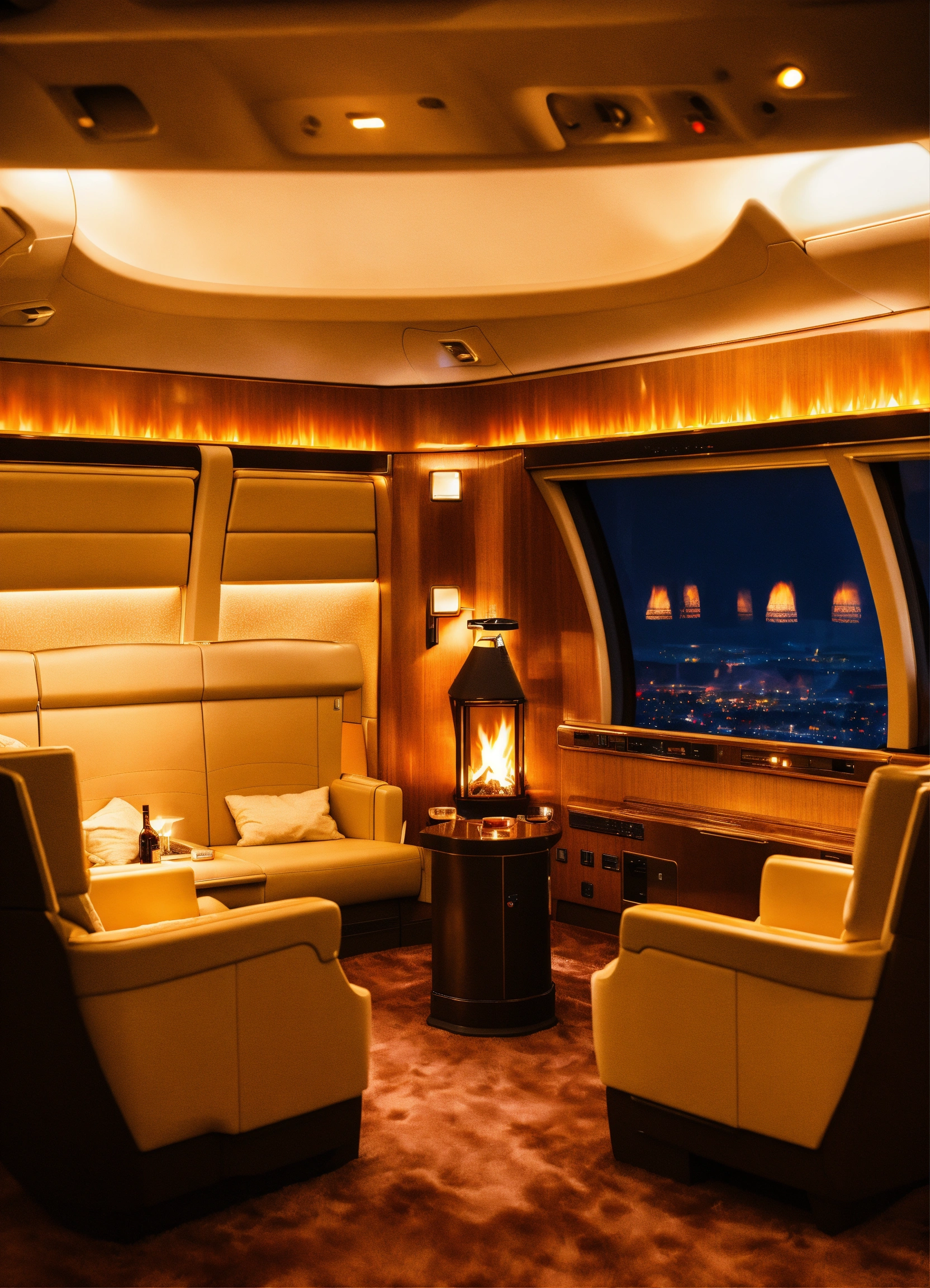 Lexica - Luxury first class airplane interior fireplace