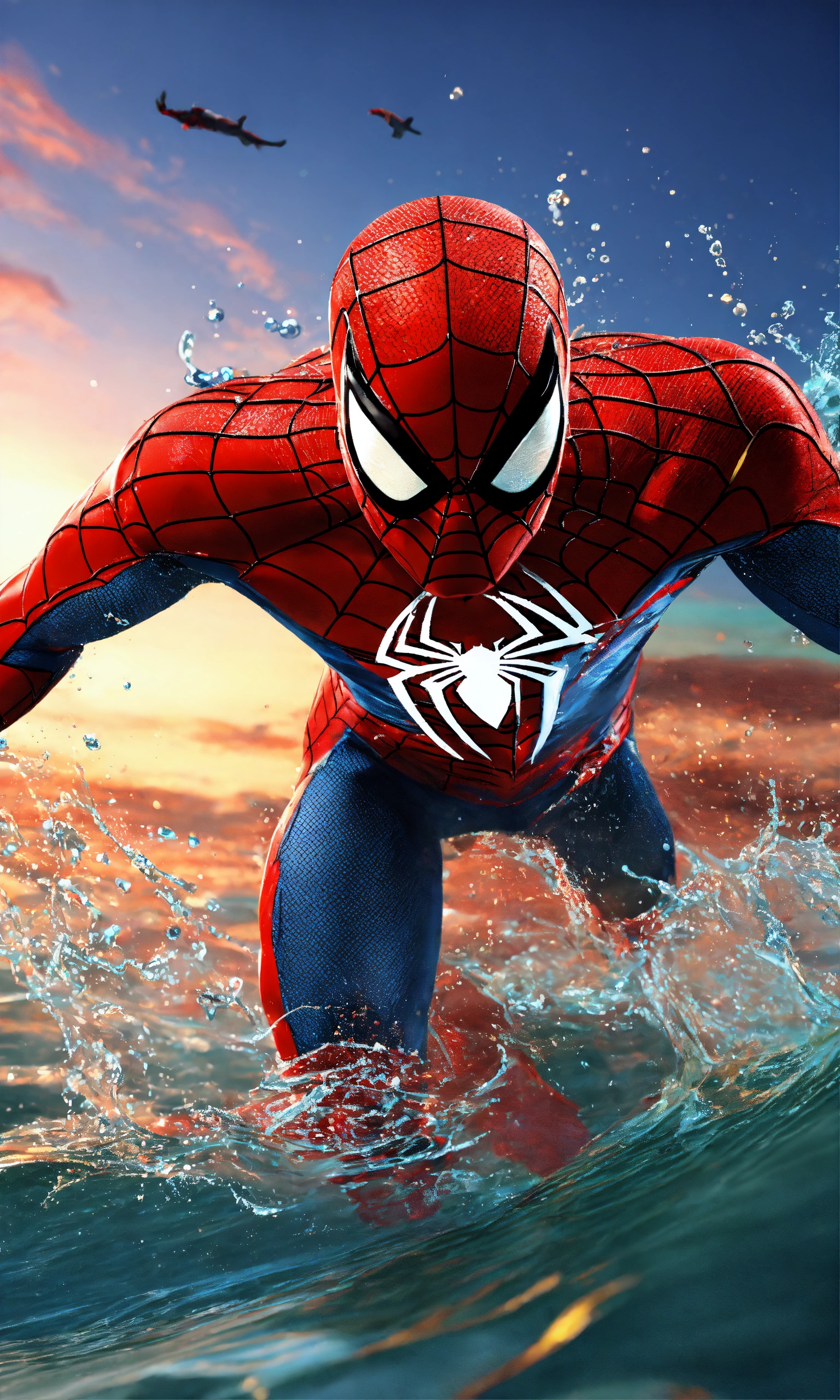 Lexica - Spiderman swimming on the sea, colorful background, 3D render ...