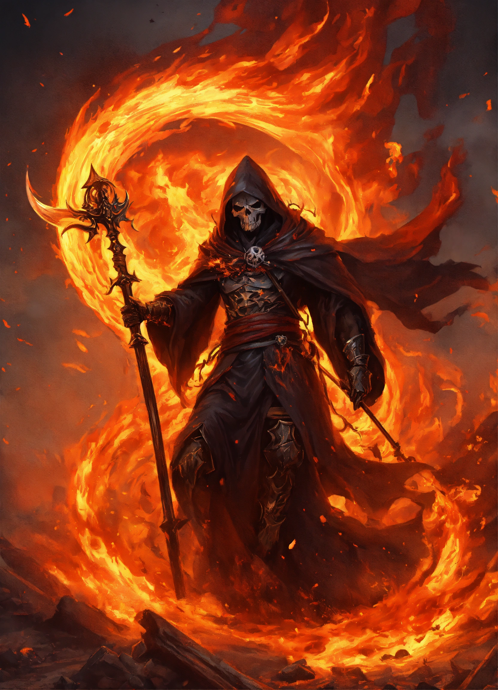 Lexica - Attacking grim reaper with flaming scythe, tattered flowing ...