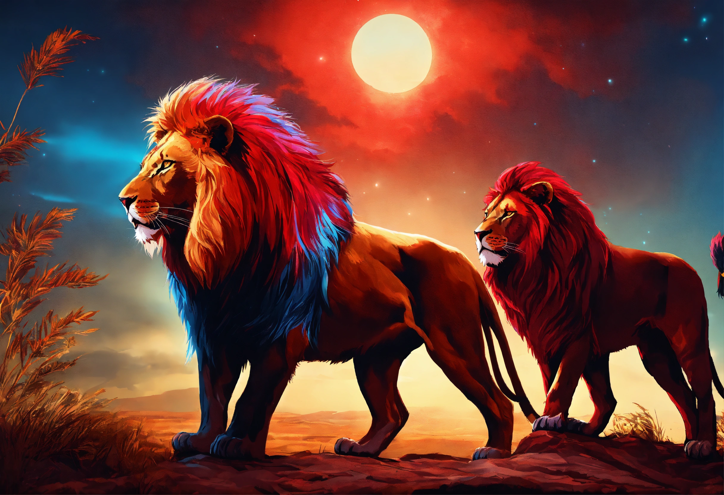 Lexica - Two lions facing each other. one lion glowing ruby-red at ...