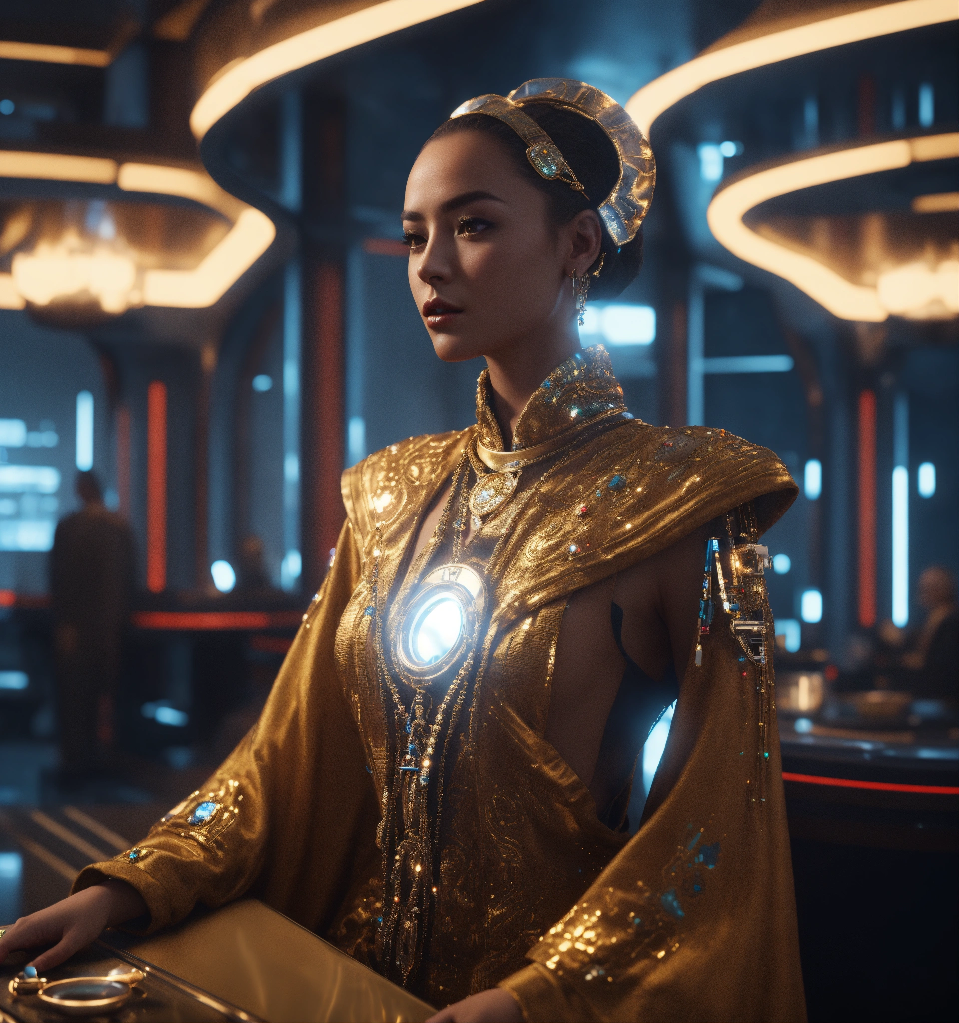 Lexica - Zoom out from an alluring humanoid wearing a fancy space robe ...