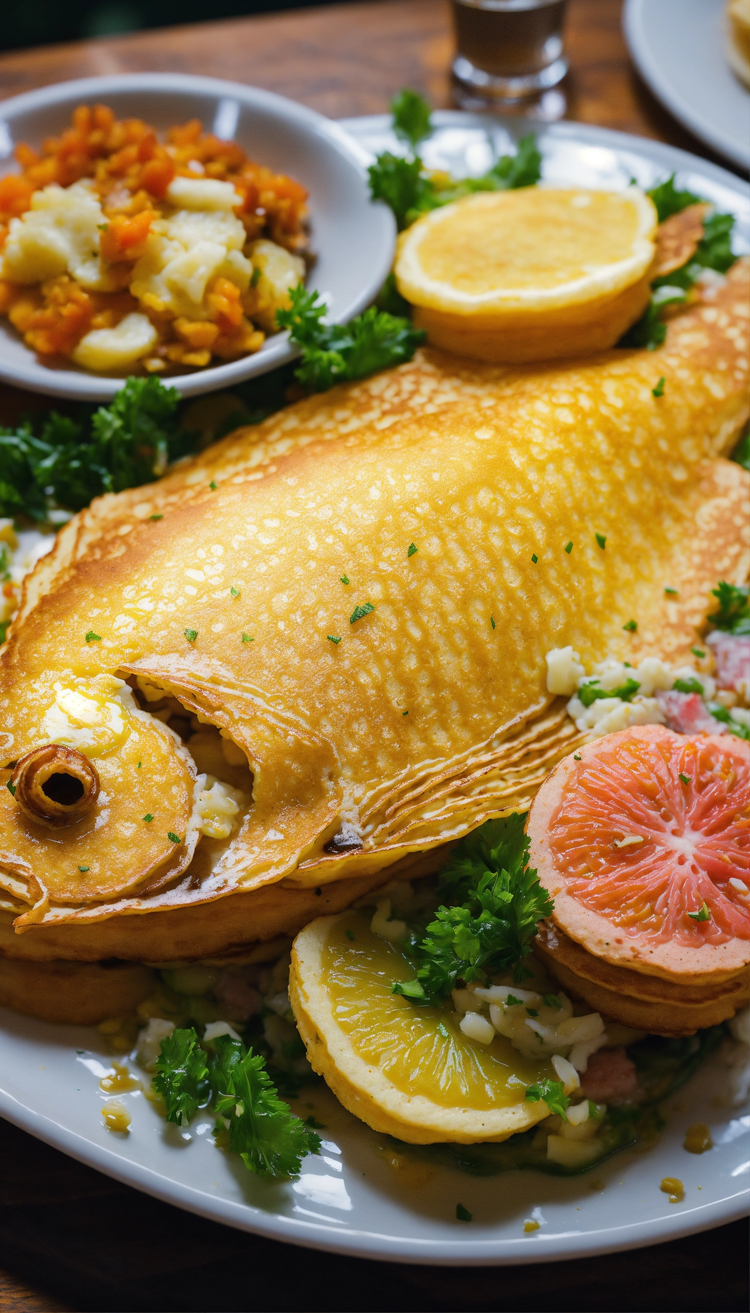 Lexica - Close up of a plate of food on a table, there are fish and ...