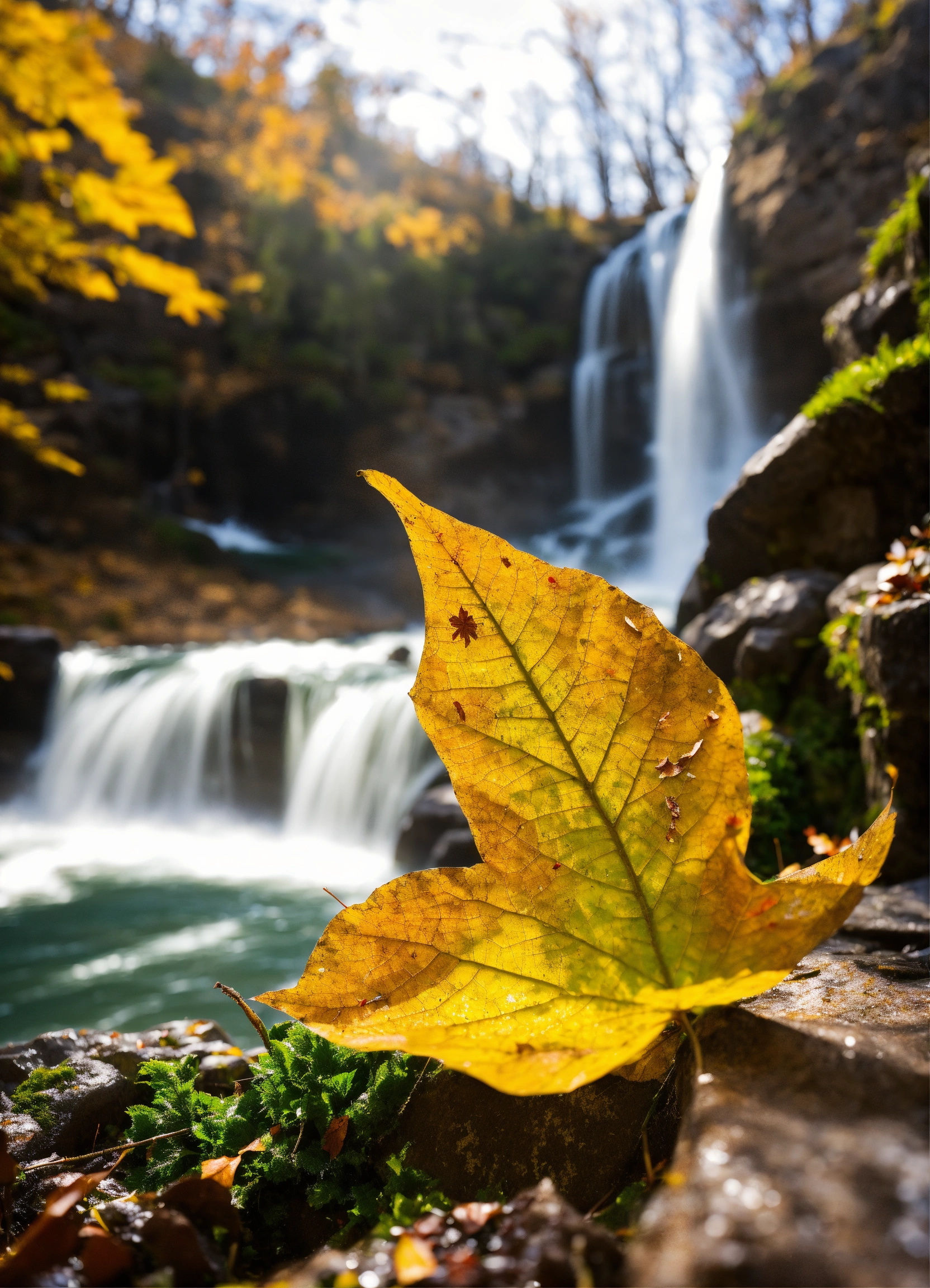Lexica - Leaf blowing in the wind, waterfall in background