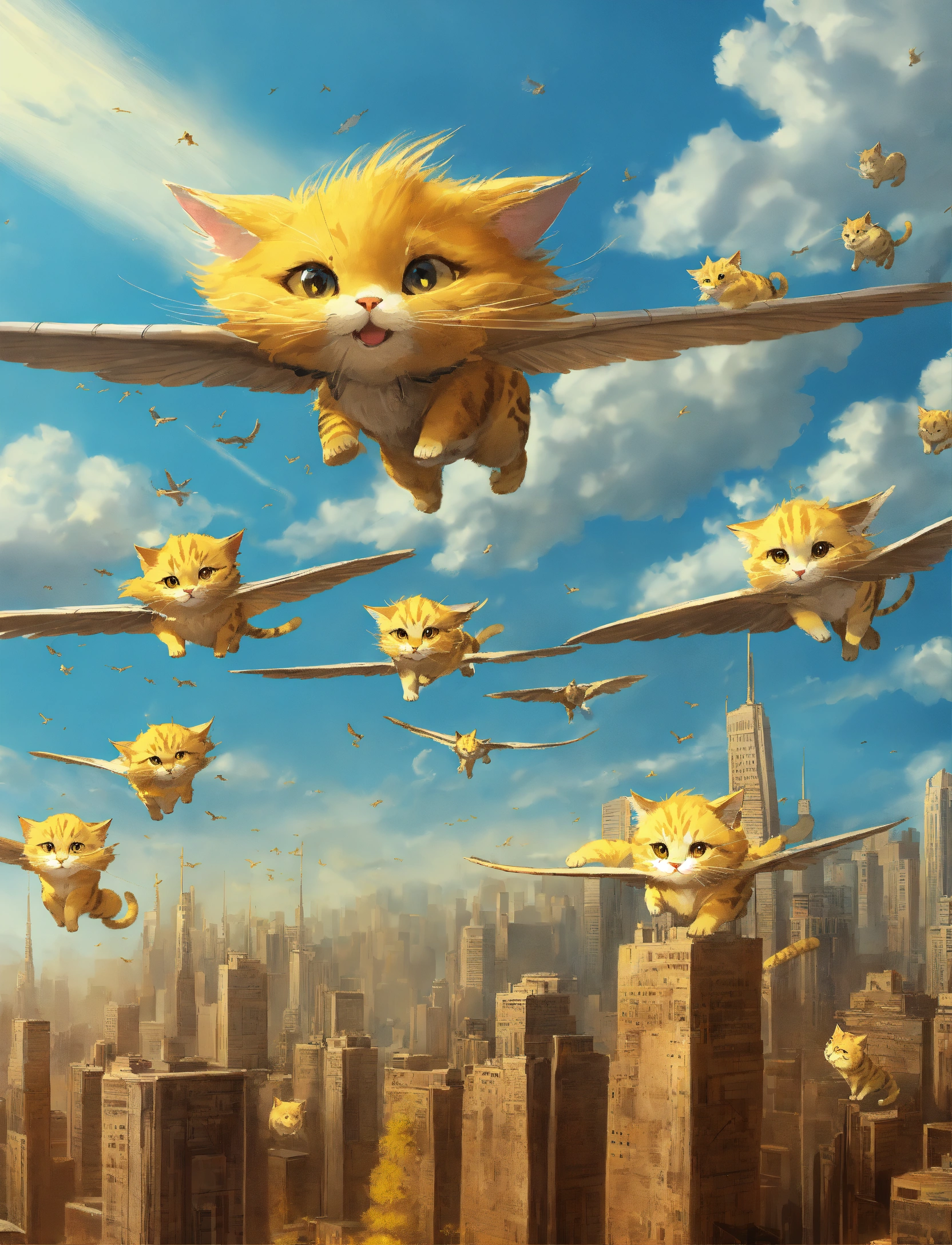 Lexica - A flock of yellow fur cats flying over the city and smiling ...