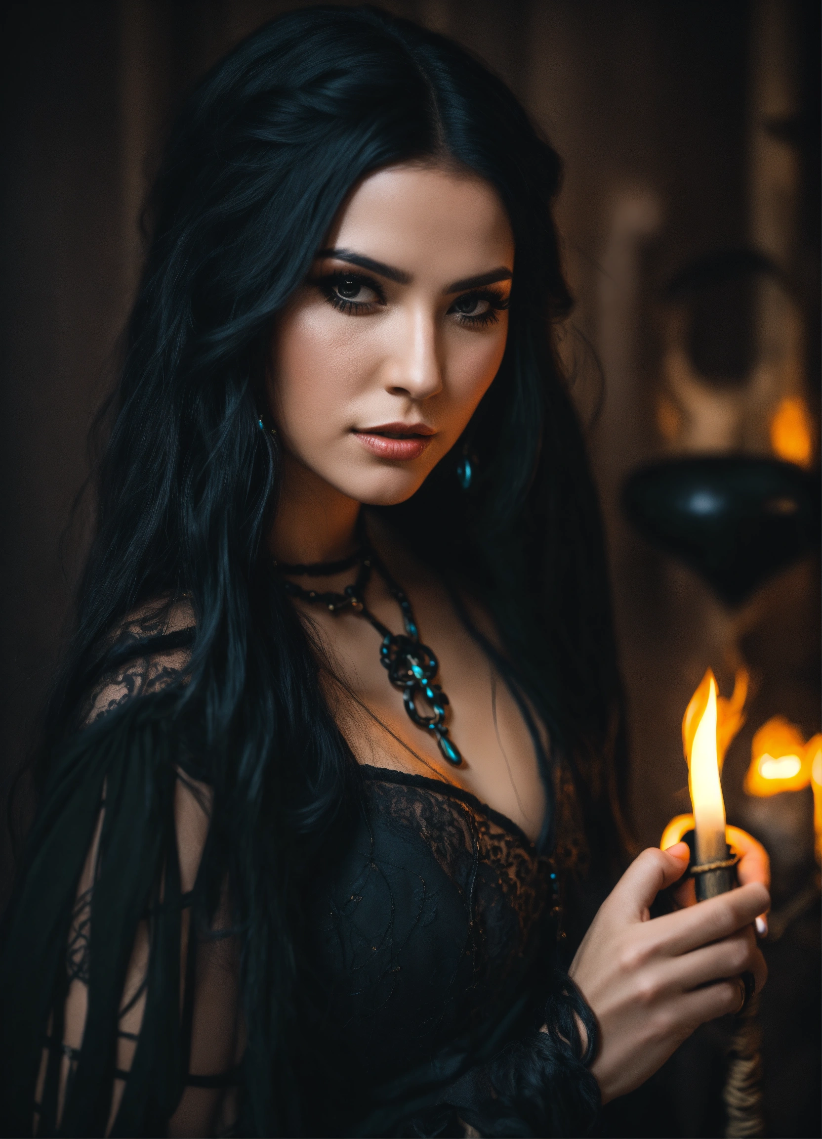 Lexica - A beautiful sorceress with long black hair dressed in a black ...