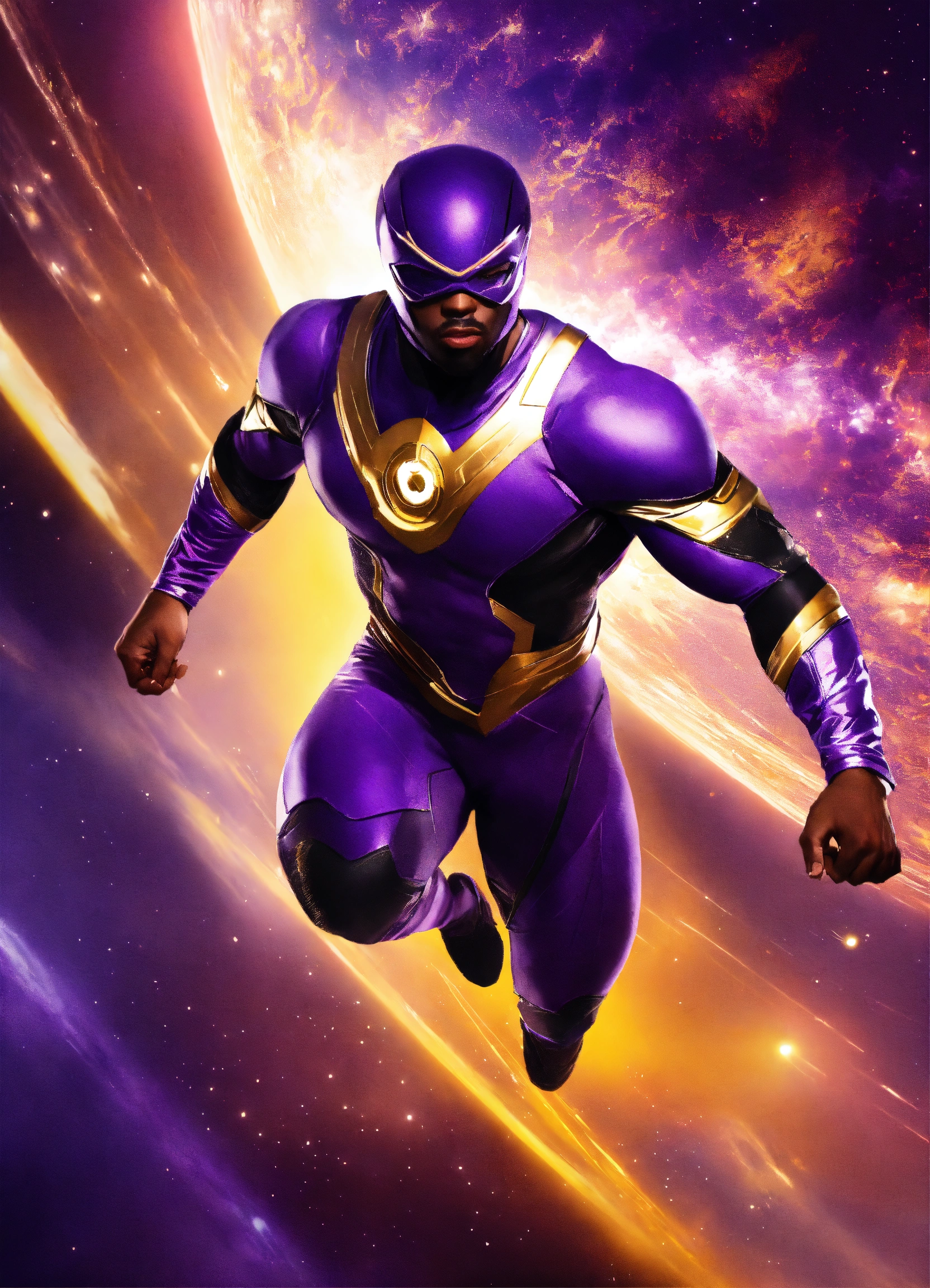 Lexica - An African superhero in purple black & gold in space flying at ...