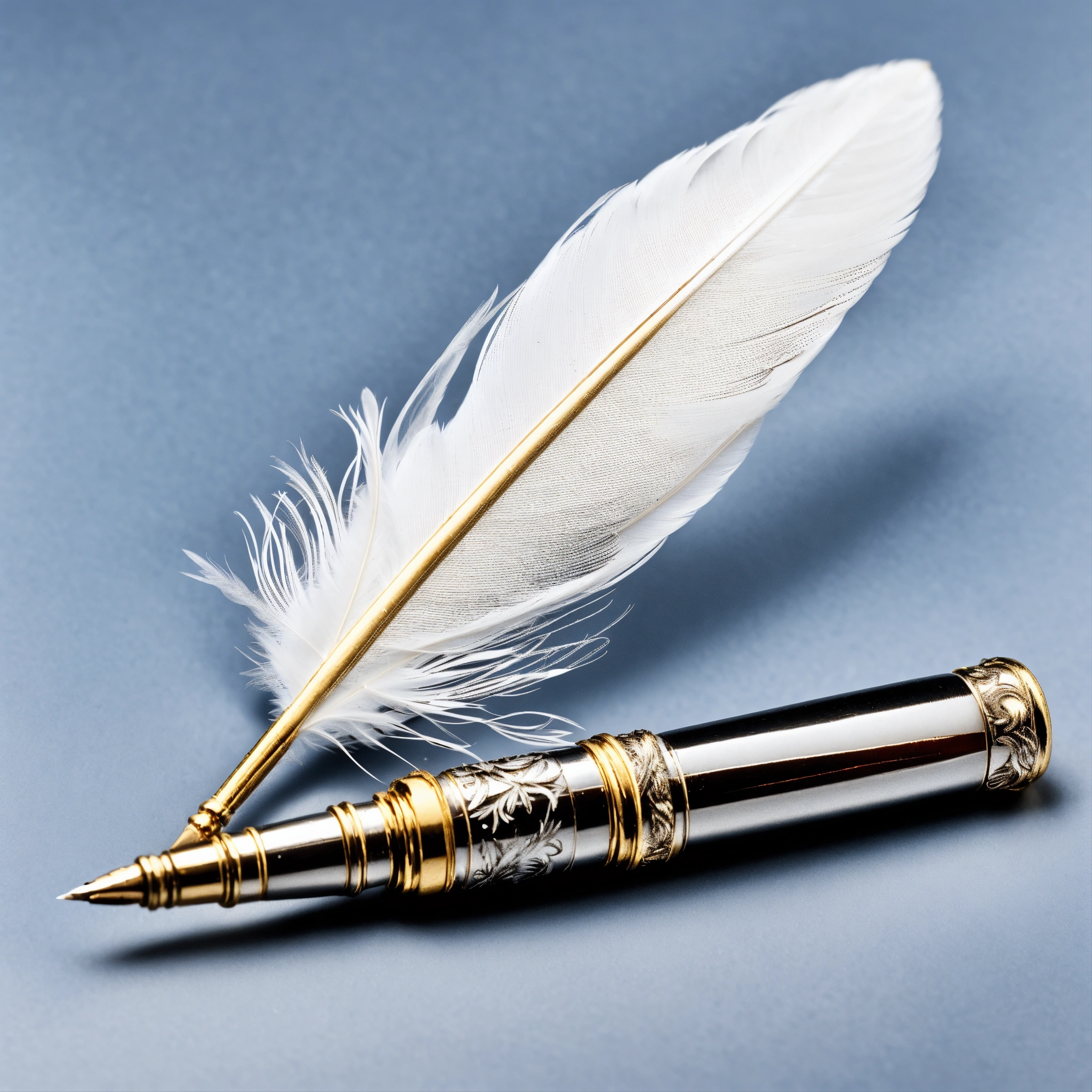 Lexica - White feather quill with silver nib. White background.