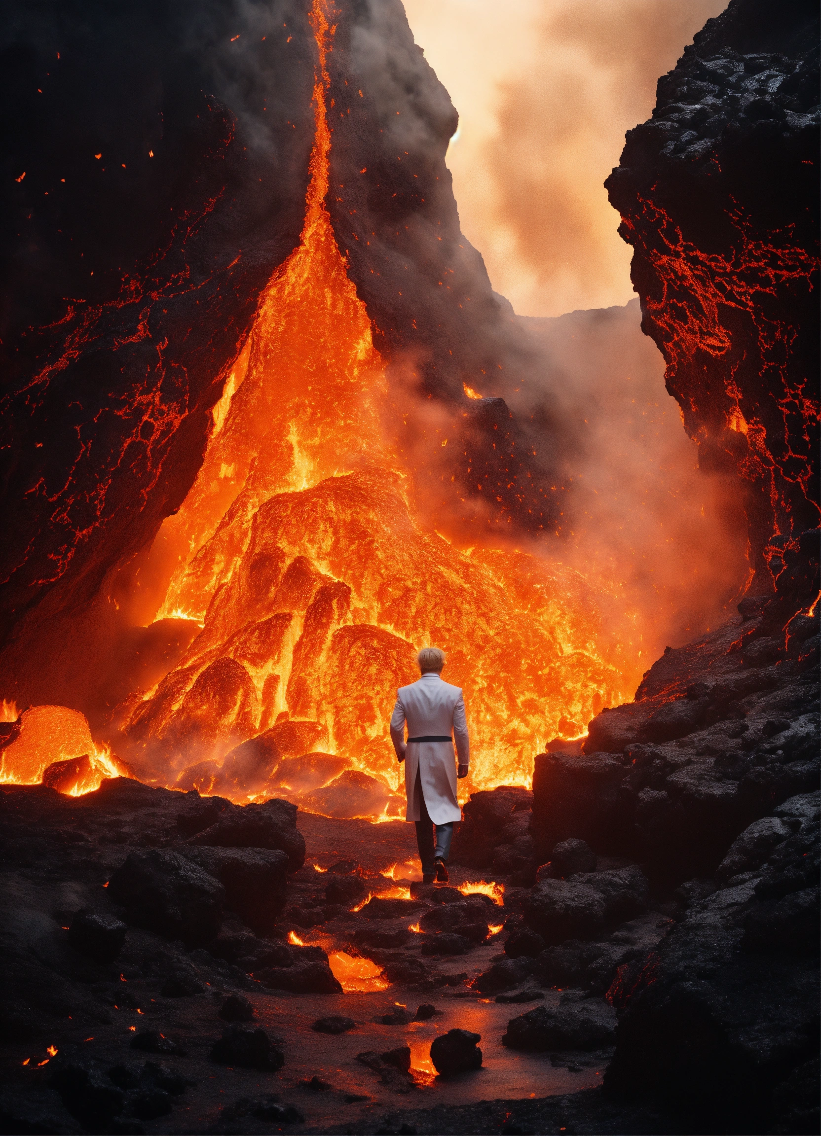 Lexica - Dark cave with lava, and a man who is dressed in white formal ...