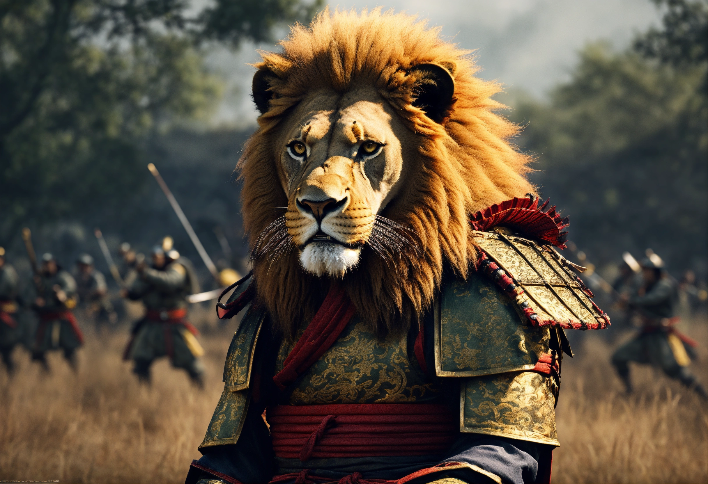 Lexica - Lion samurai. Battlefield. Hyper realistic.