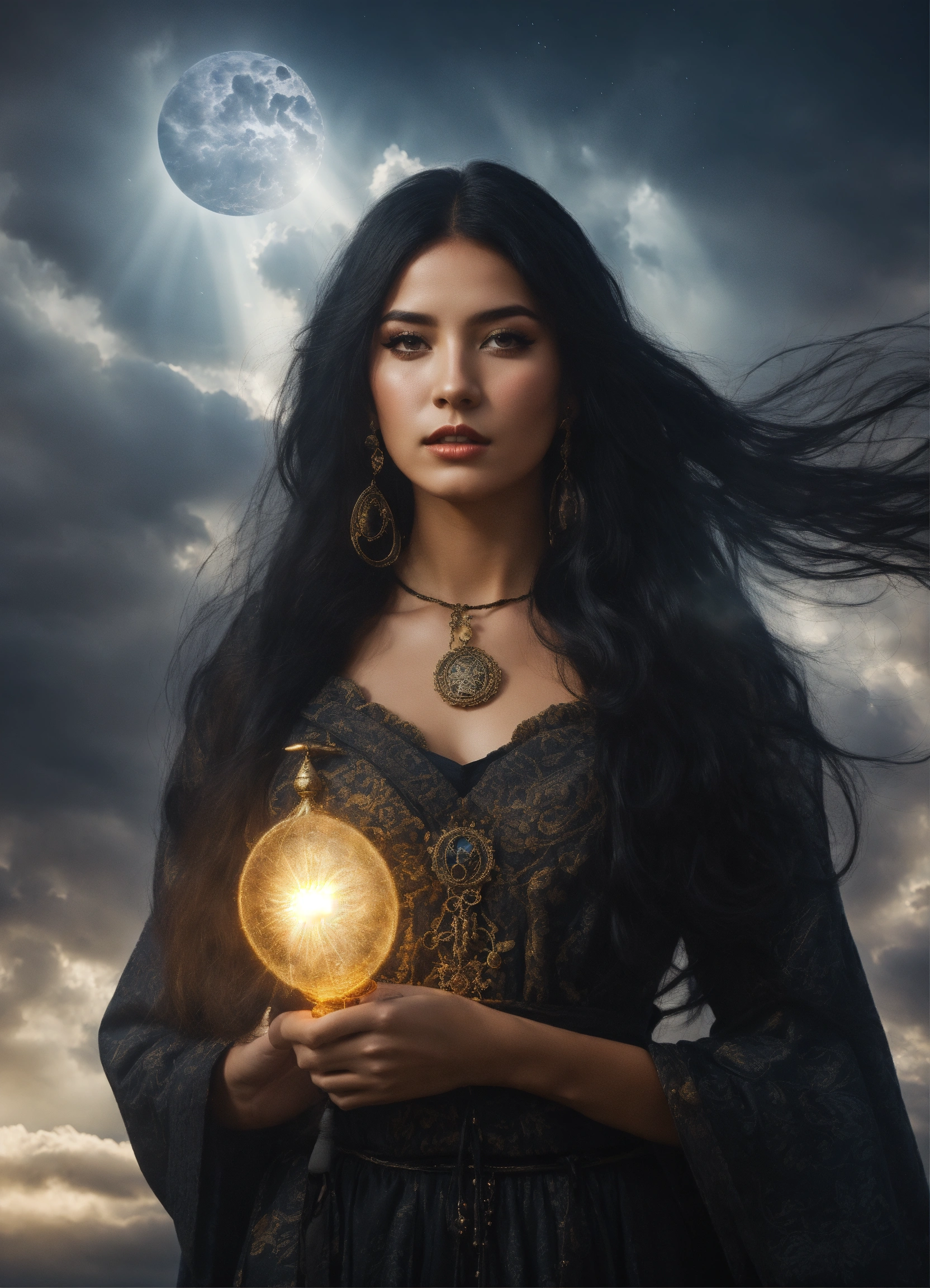 Lexica - A beautiful sorceress with long black hair dressed in a black ...