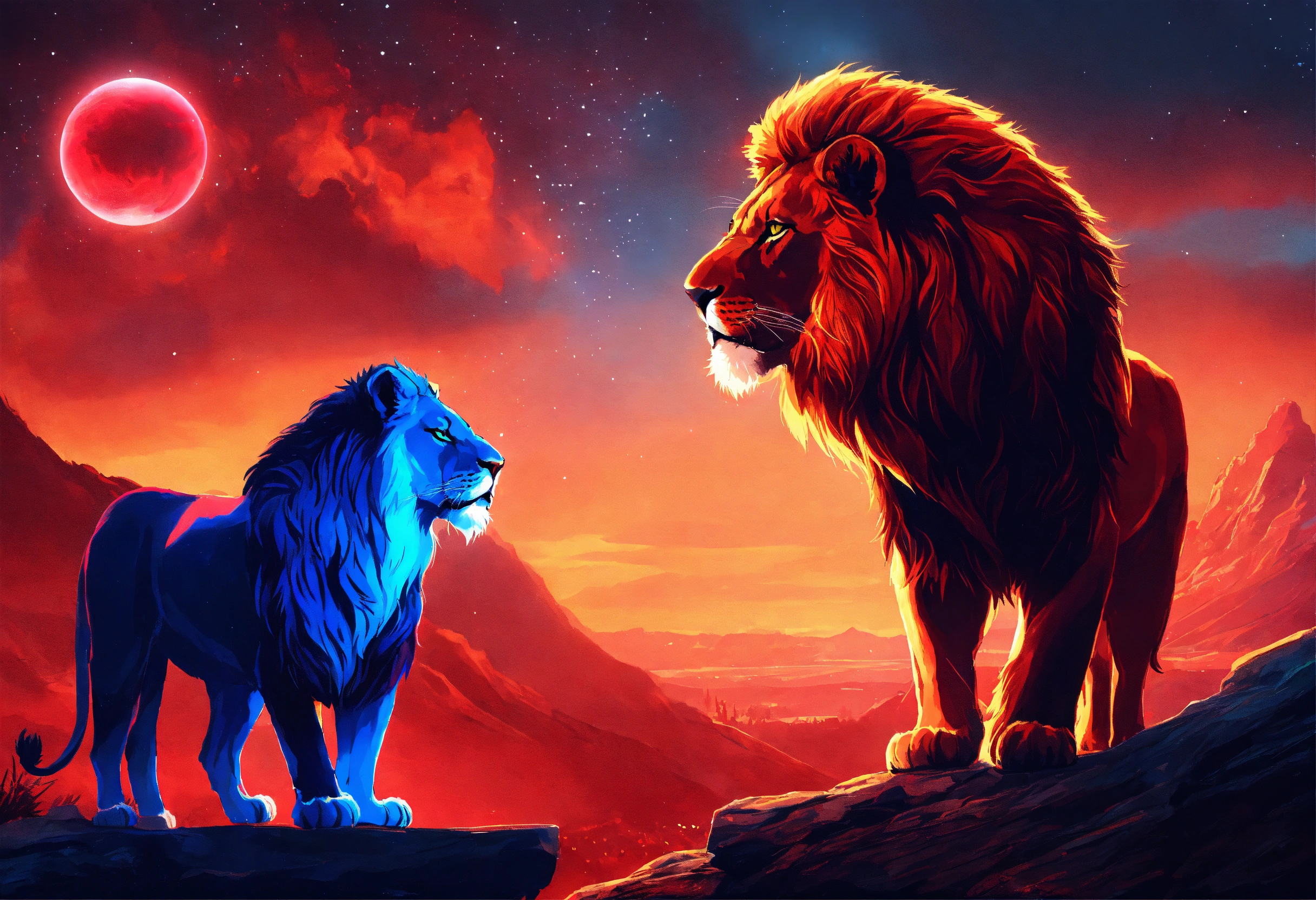 Lexica Two lions facing each other. one lion glowing rubyred at