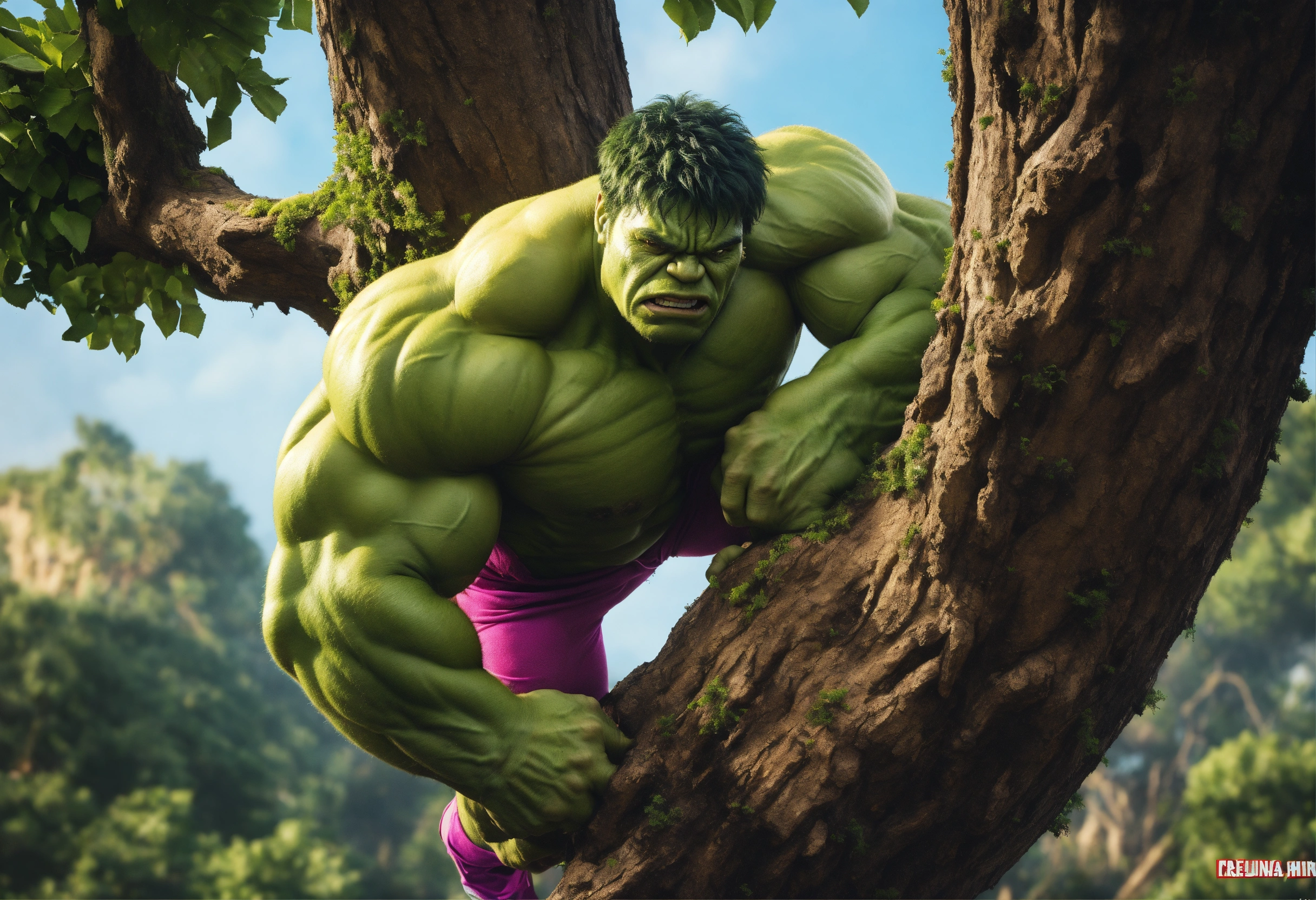 Lexica - The Hulk climbing the tree but getting stuck himself