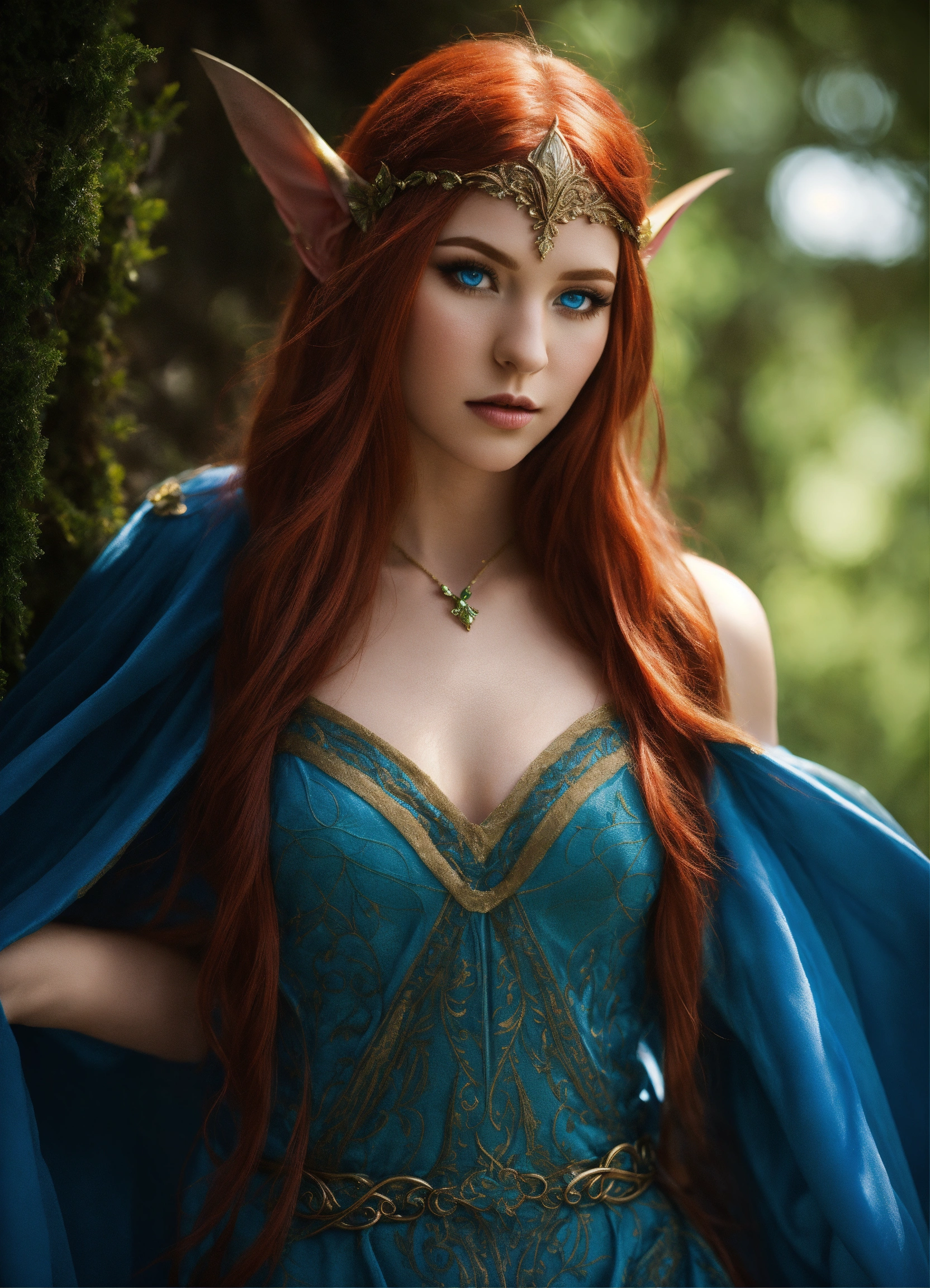 Lexica - Elven female, elven woman, elf, red hair, fantasy, dress, gown,  blue eyes, elf ears, beautiful young, full body,