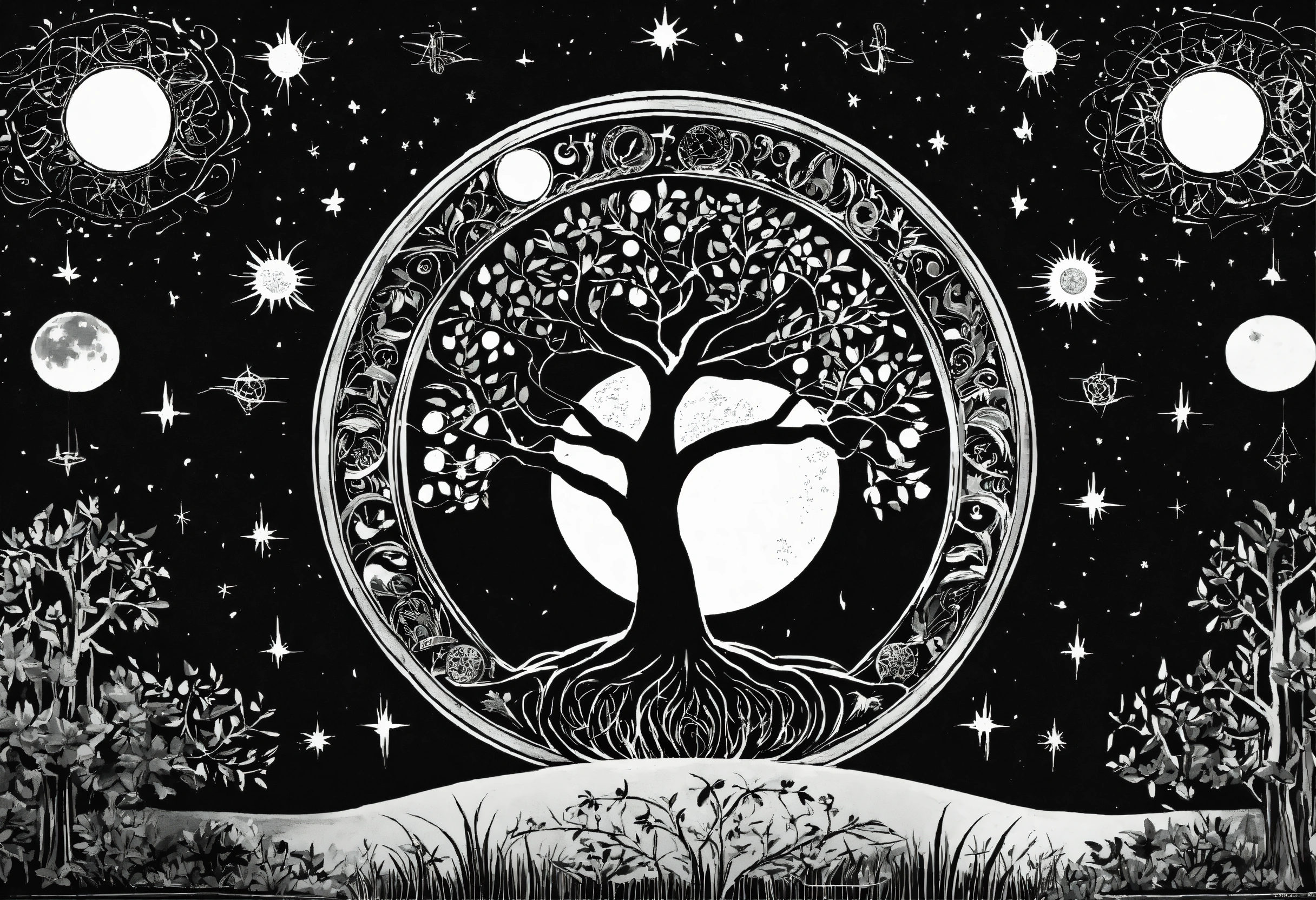 Lexica - Tree of life black and white no leaf with moon sun and stars