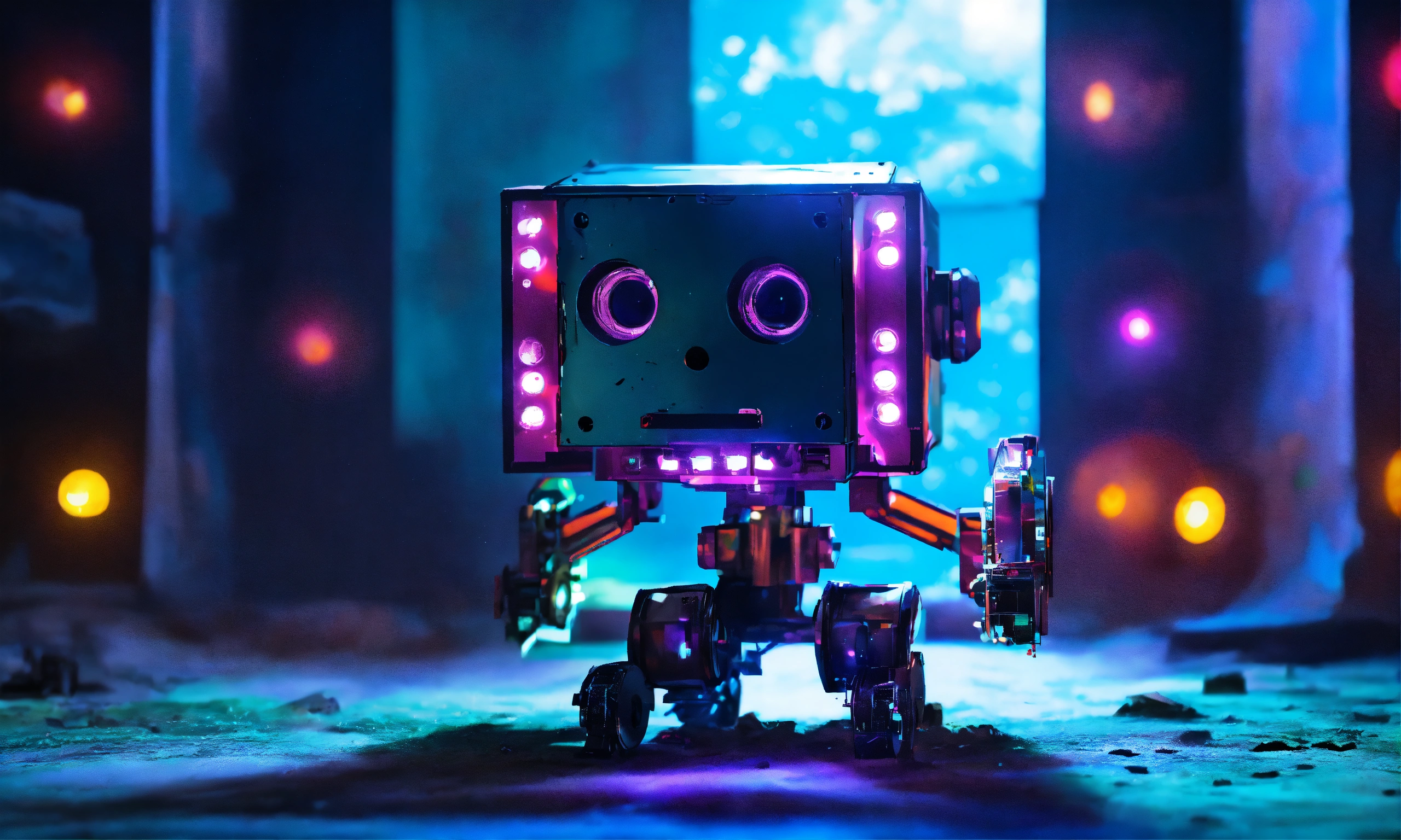 Lexica - Small floating polished steel cube bot with 2 round lights on ...
