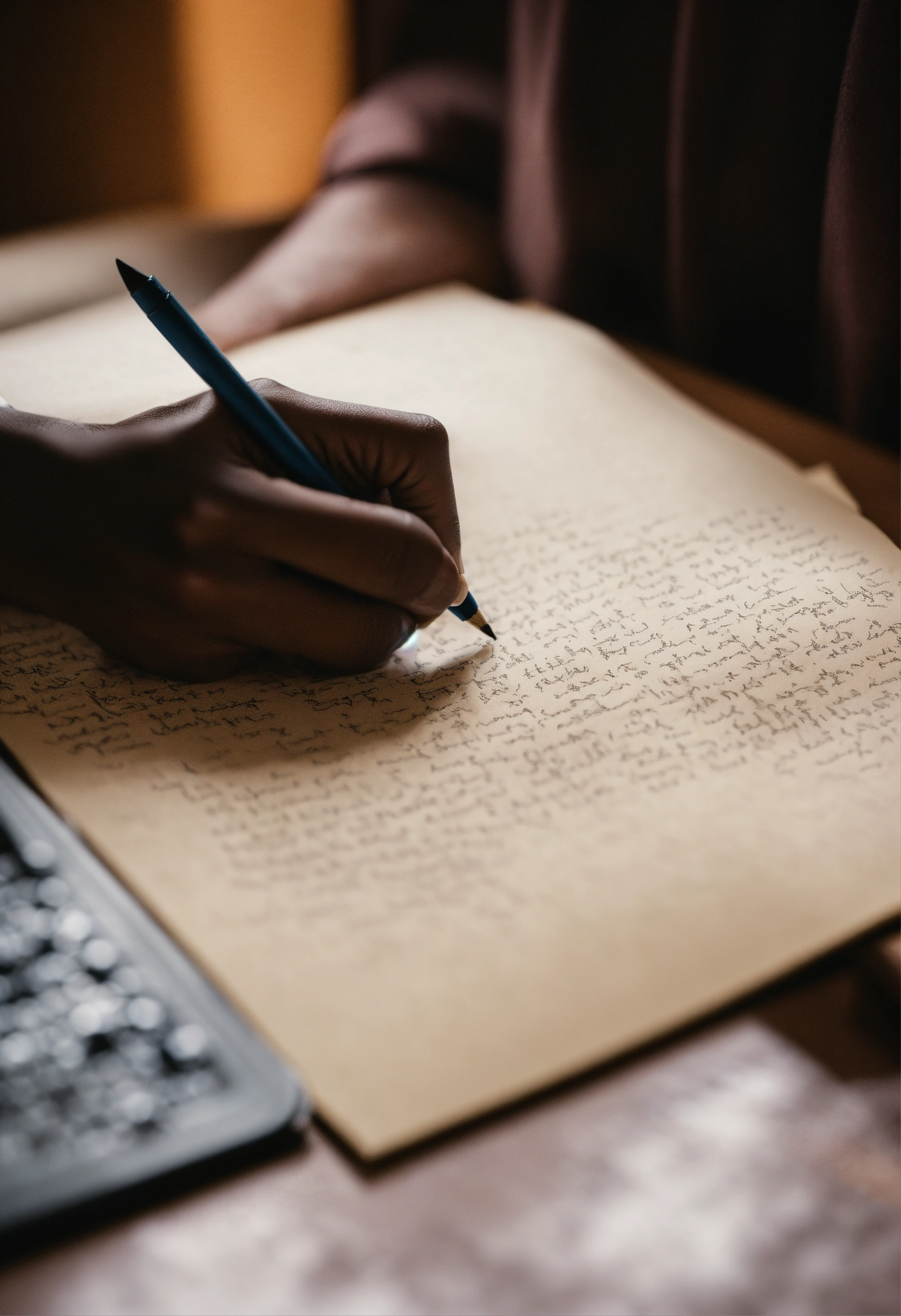 Lexica - Wallpaper a black person's hand, writing a movie script on paper