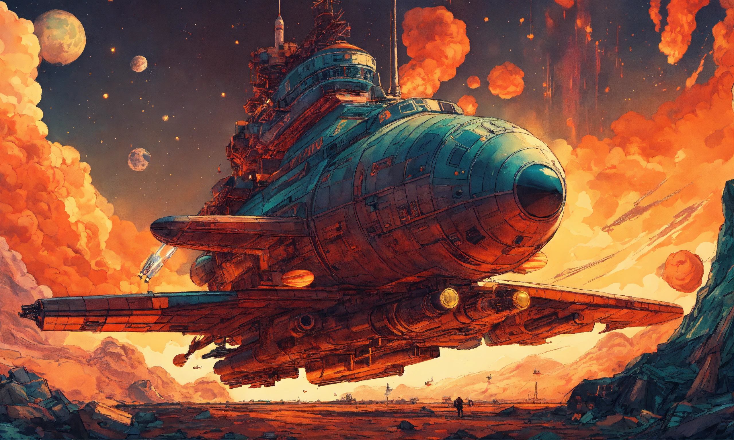Lexica - A retro style rocket ship, launching into space, with chaotic ...