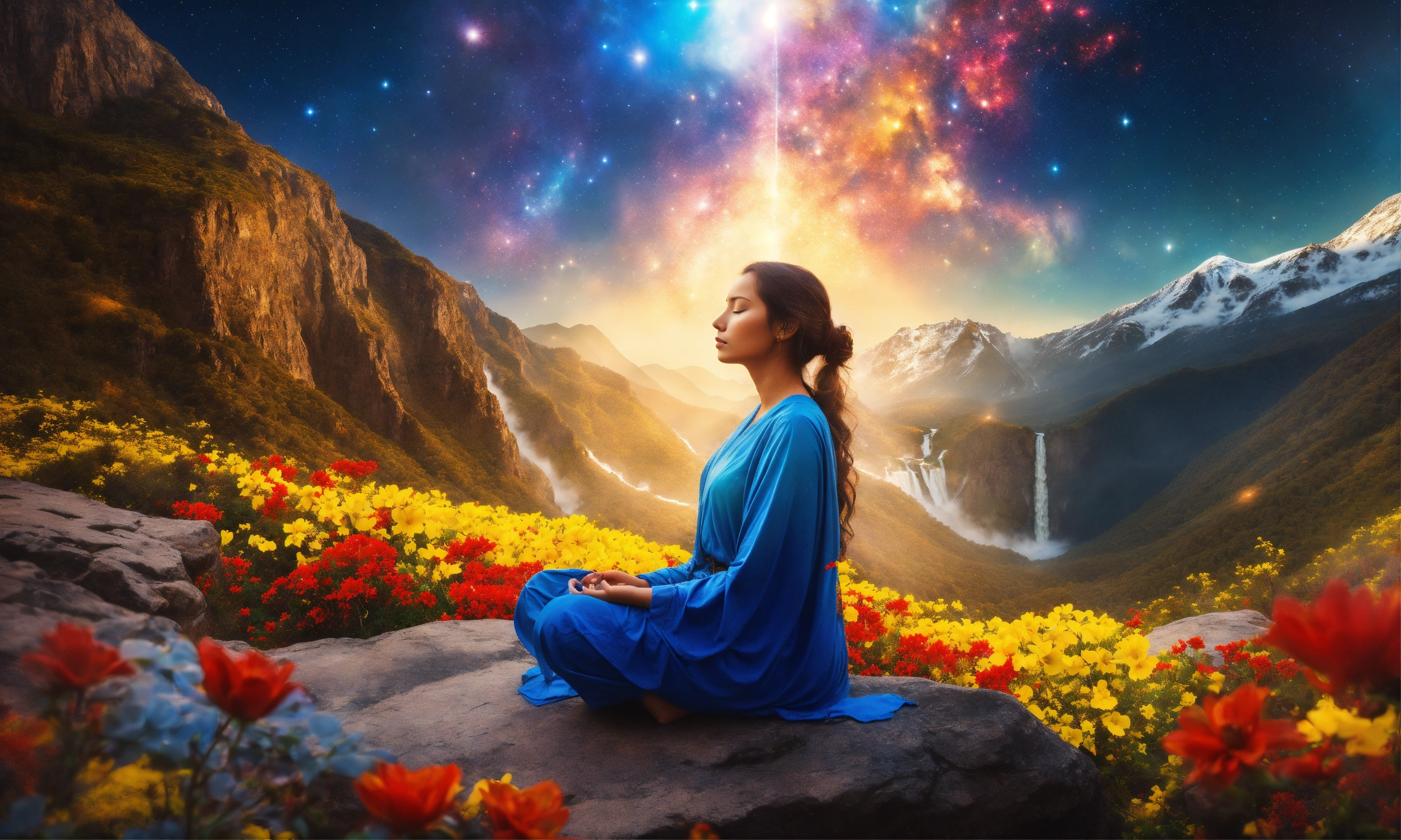 Lexica - Beautiful woman in Meditation posture, mountain, waterfall ...