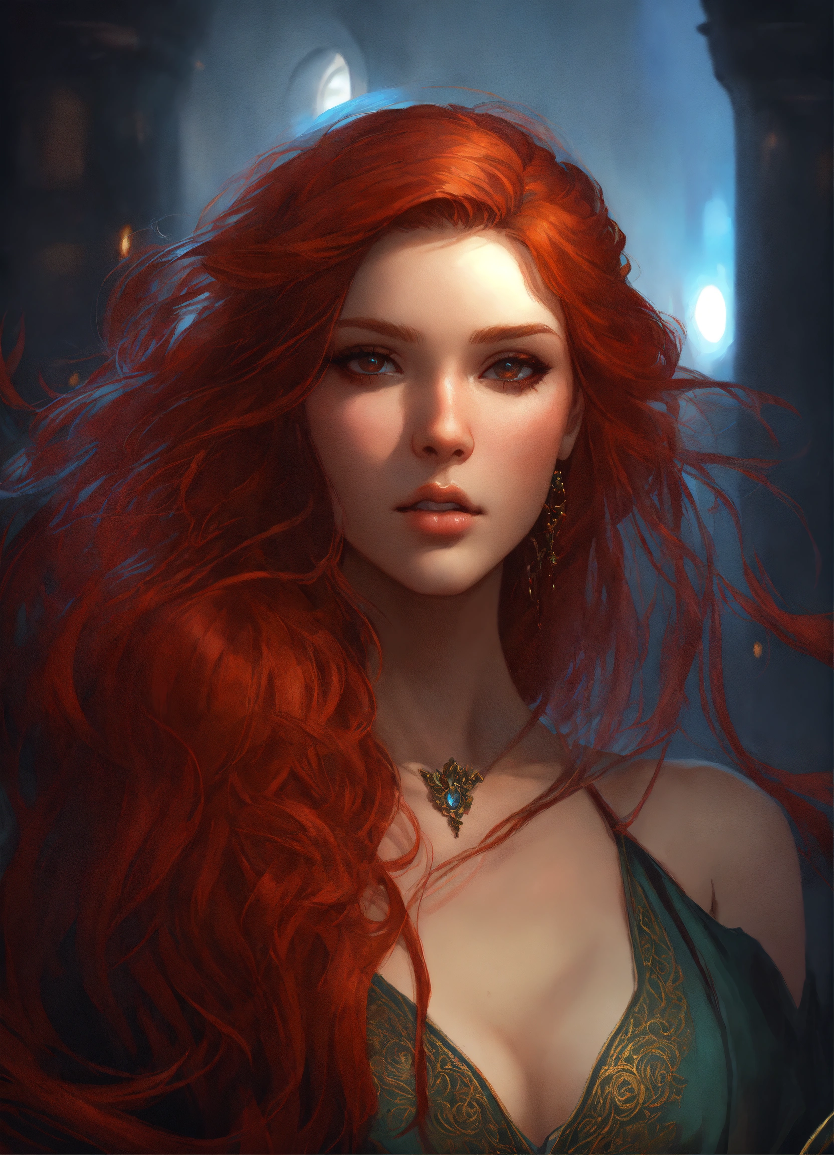 Lexica - Beautiful, red hair, sorceress, long hair, dark pin-up style hair,  dark light night, intricate, sharp focus, illustration, highly detailed, ...