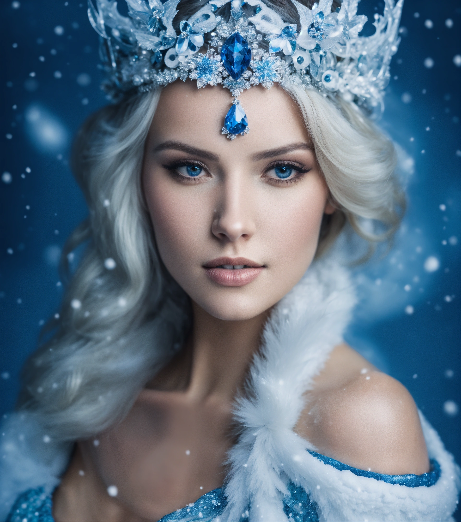 Lexica - Portrait of a beautiful snow queen in blue and white tones