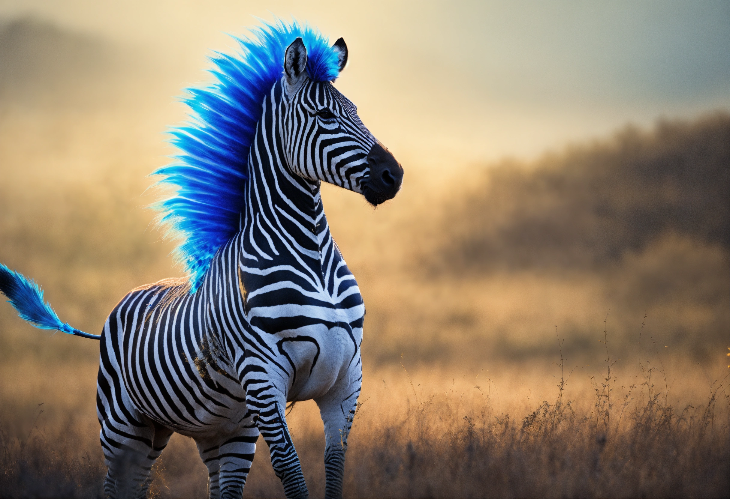 Lexica - Zebra with riding gear, with a mane and tail of blue flame