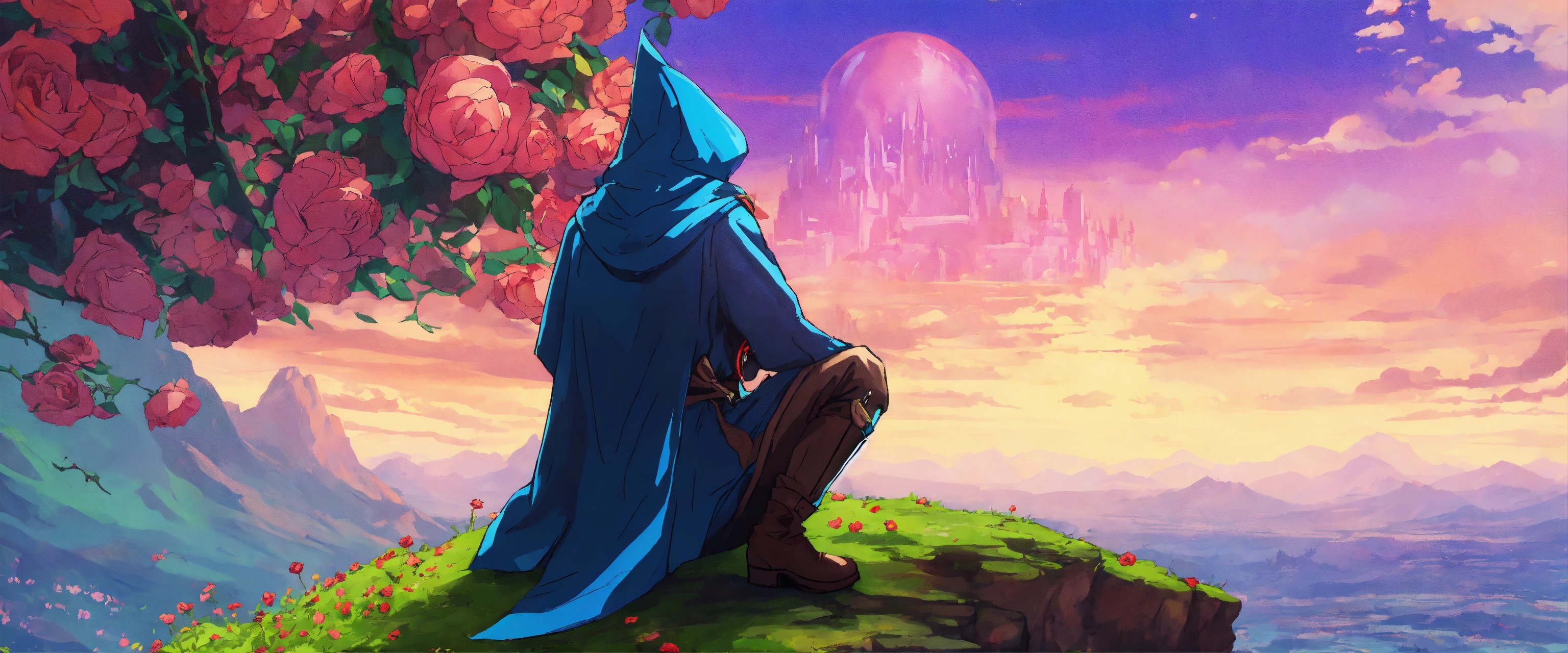 Lexica - Small hooded mage on a cliff gazing over the kingdom of roses ...