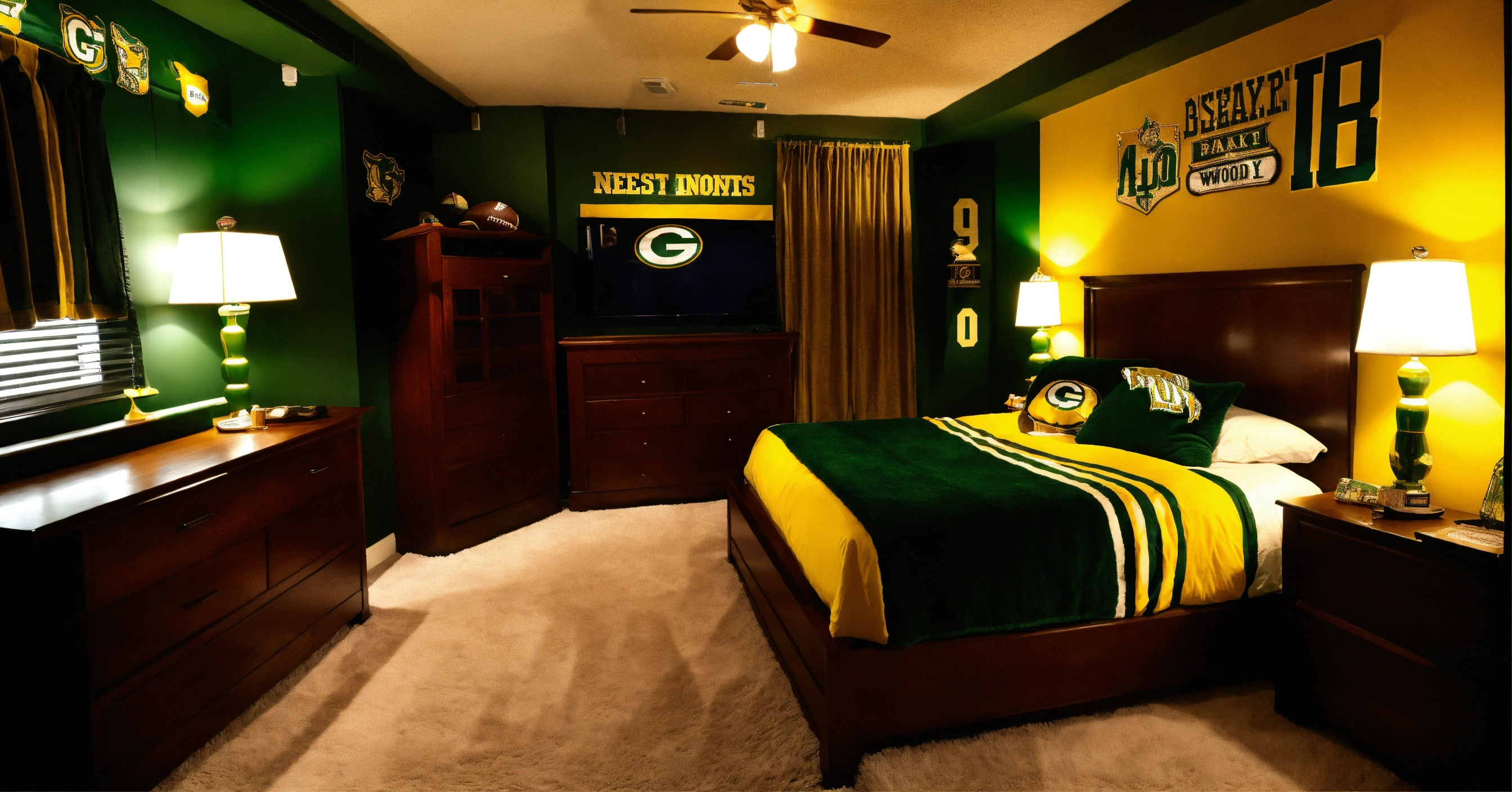 Lexica - Green bay packer theme bedroom, fluffy rug, dark wood, night ...
