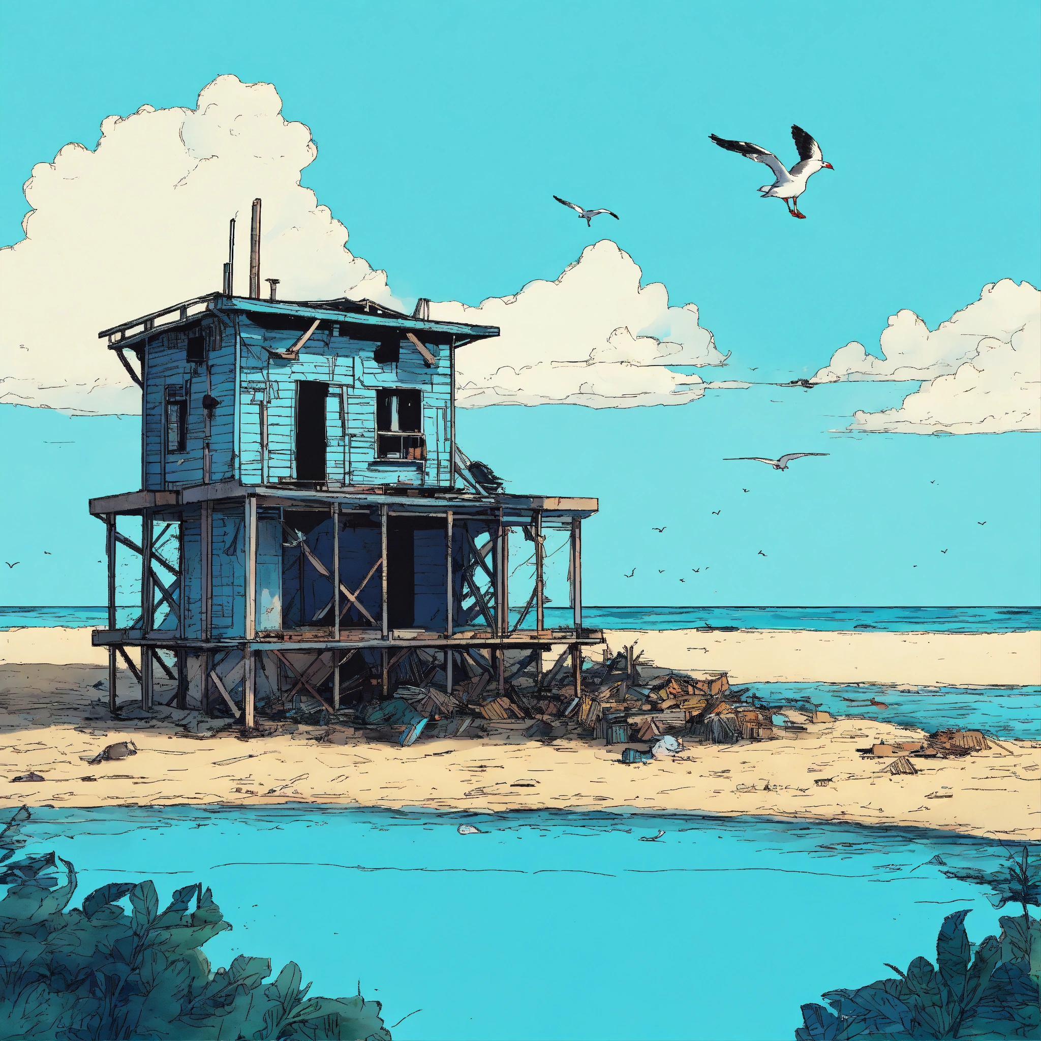 Lexica - A little seagull flying over an abandonned factory atoll beach ...