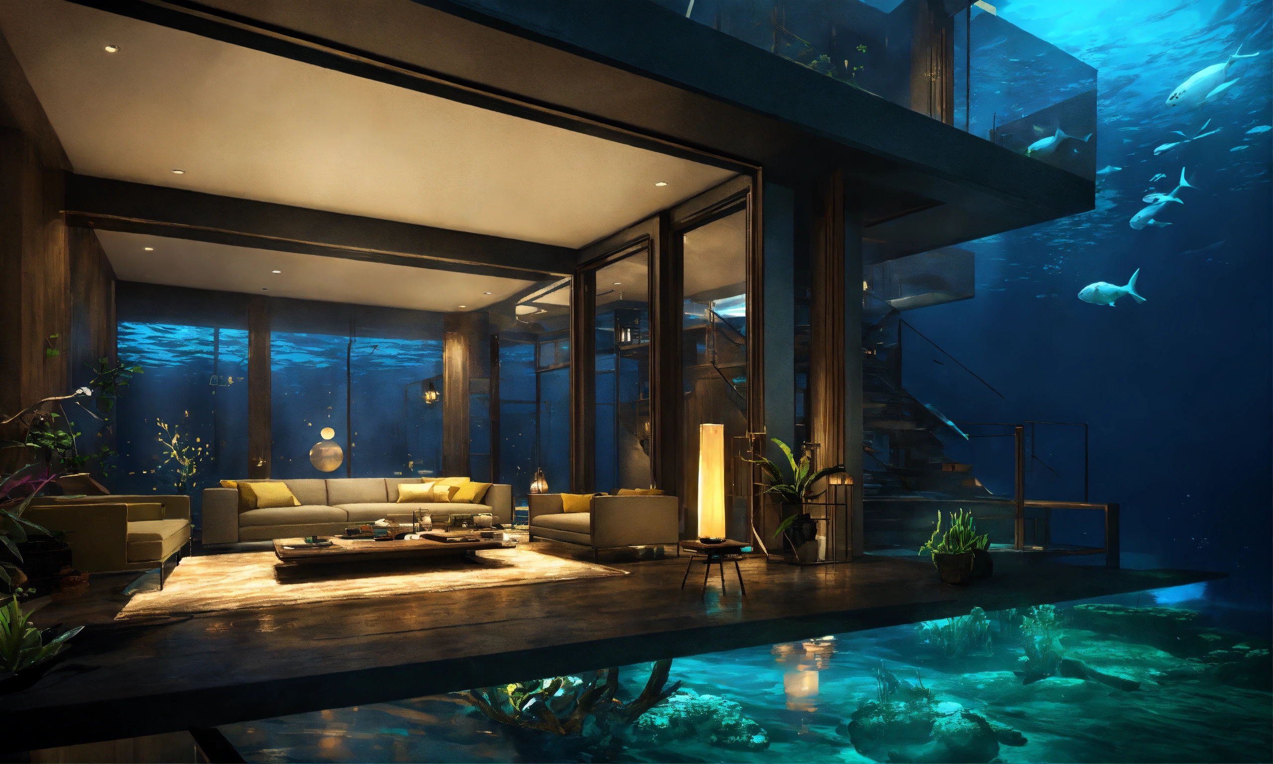 Lexica - Concept art of interior design underwater, dark modern ...