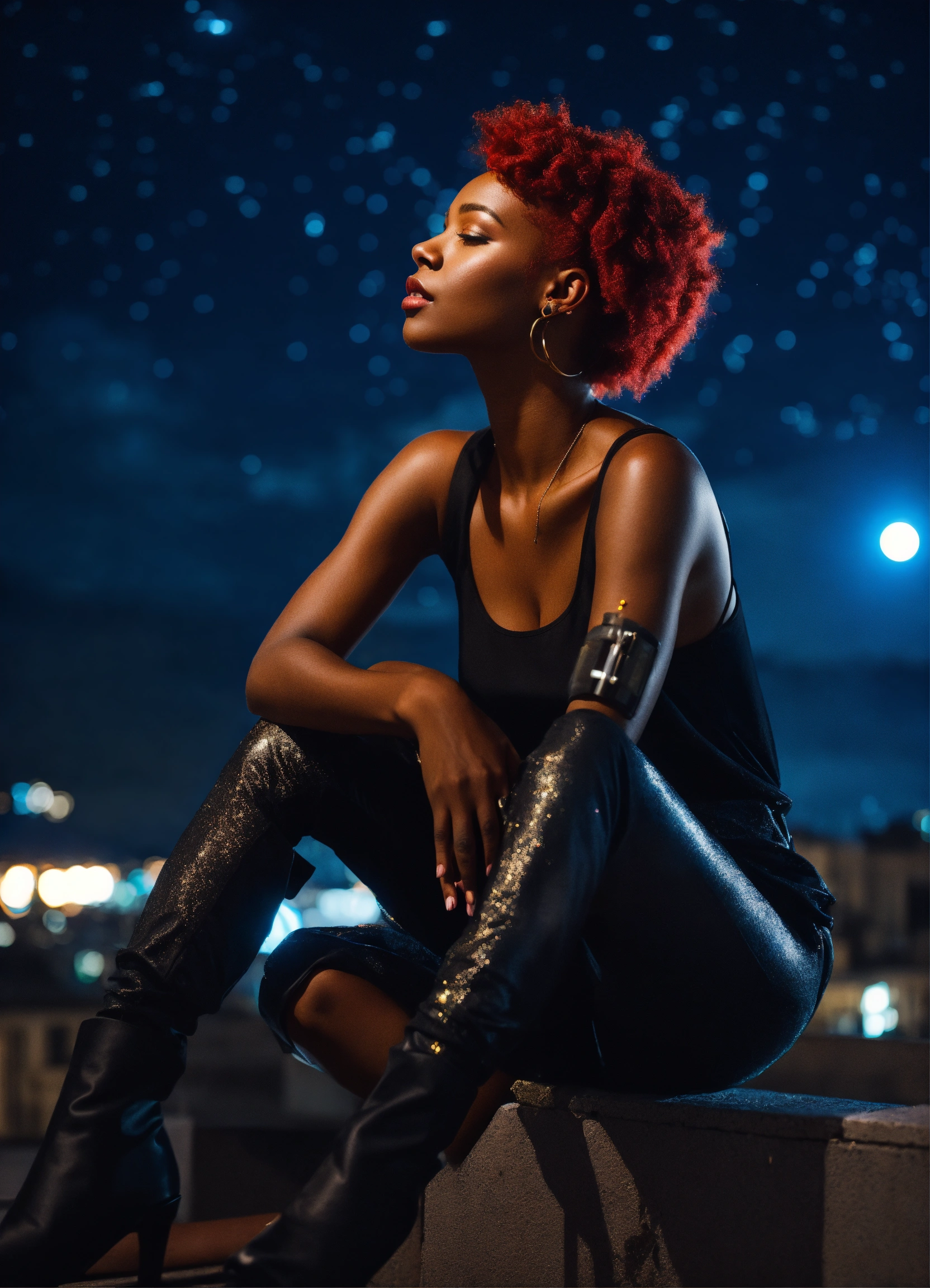 Lexica - Black woman with red hair in cyborg chic, sitting on a rooftop ...