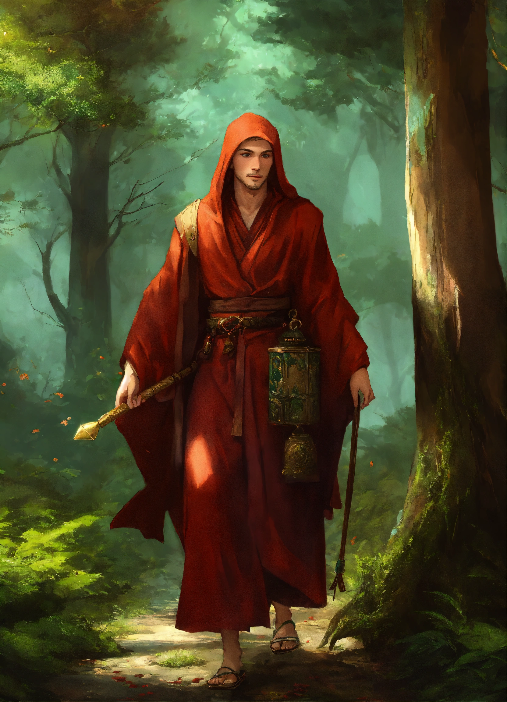 Lexica - Red headed elf monk in robes with Stalf in a forest