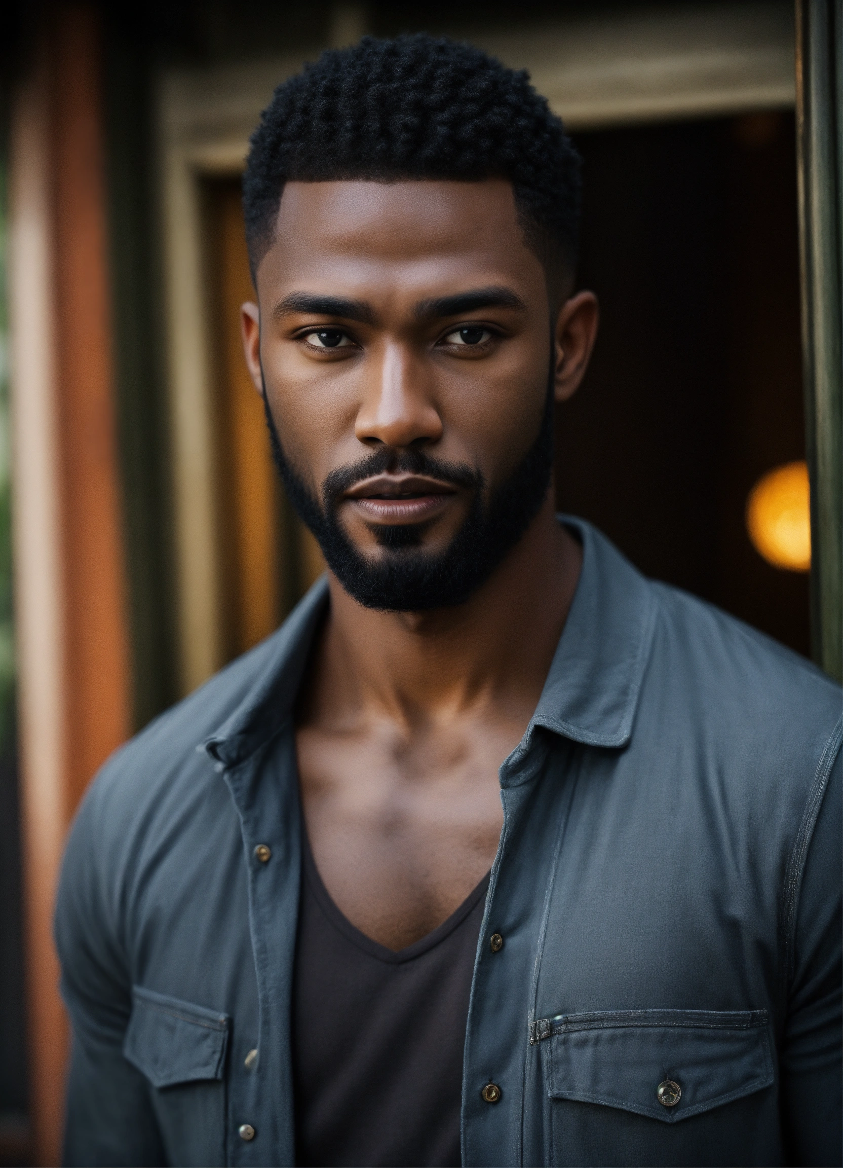 Lexica Handsome Black Male Dark Skin Beard Vampire Gray Henley