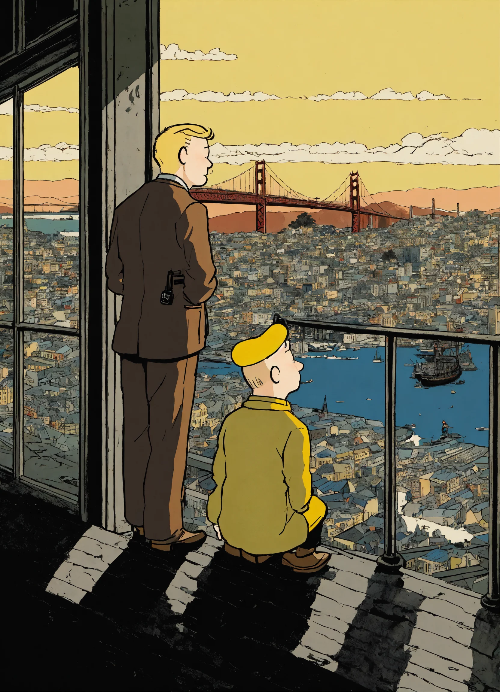 Lexica Pen and ink, illustrated by hergé, man alone forever in San