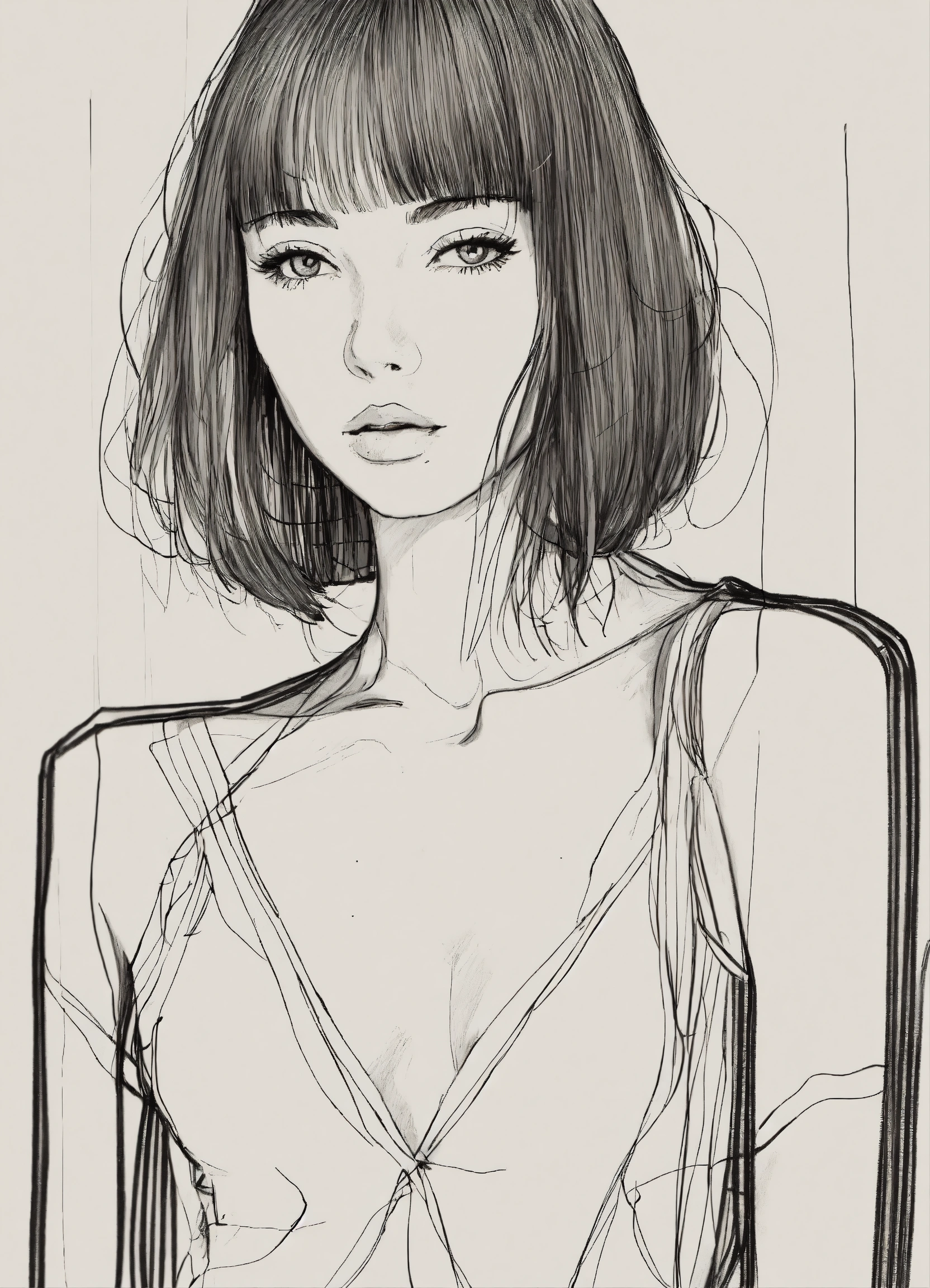 Lexica - Black and white line drawing, skinny woman, bob with bangs ...