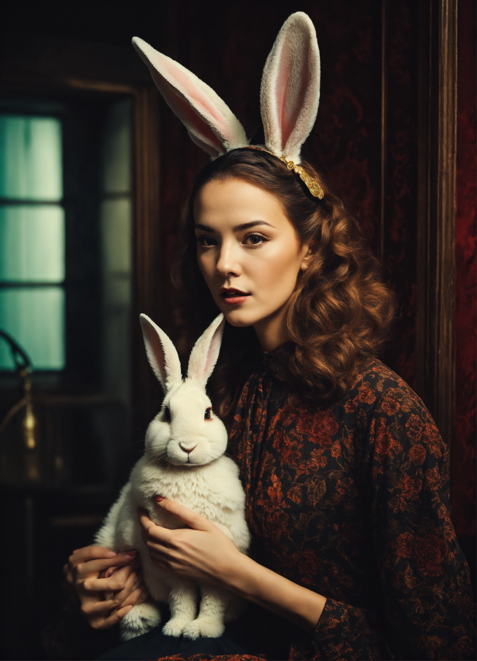 Lexica - Womwn with the head big rabbit in black room vintage style, 8k