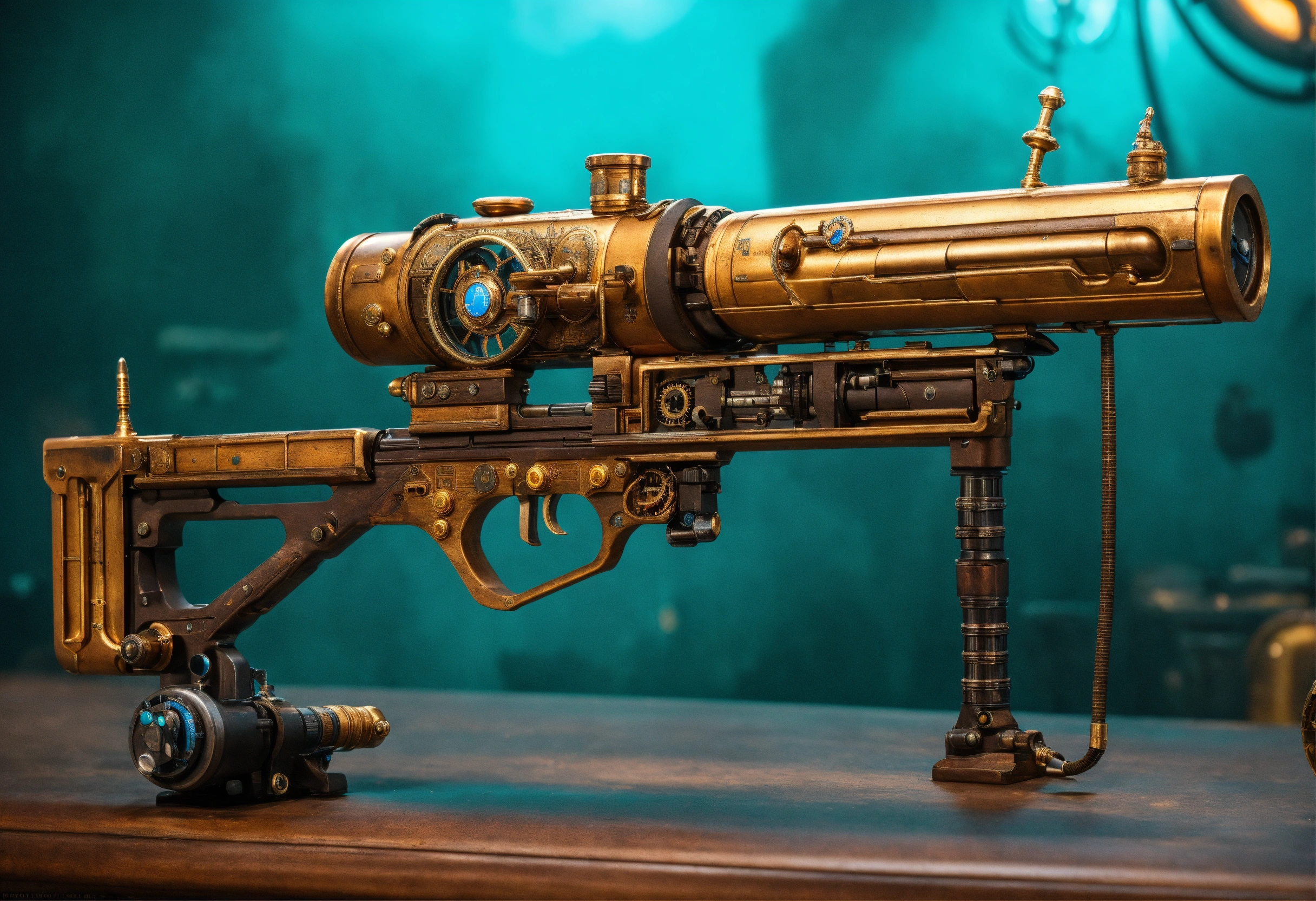 Lexica - Side view of the full image of a steampunk energy rifle