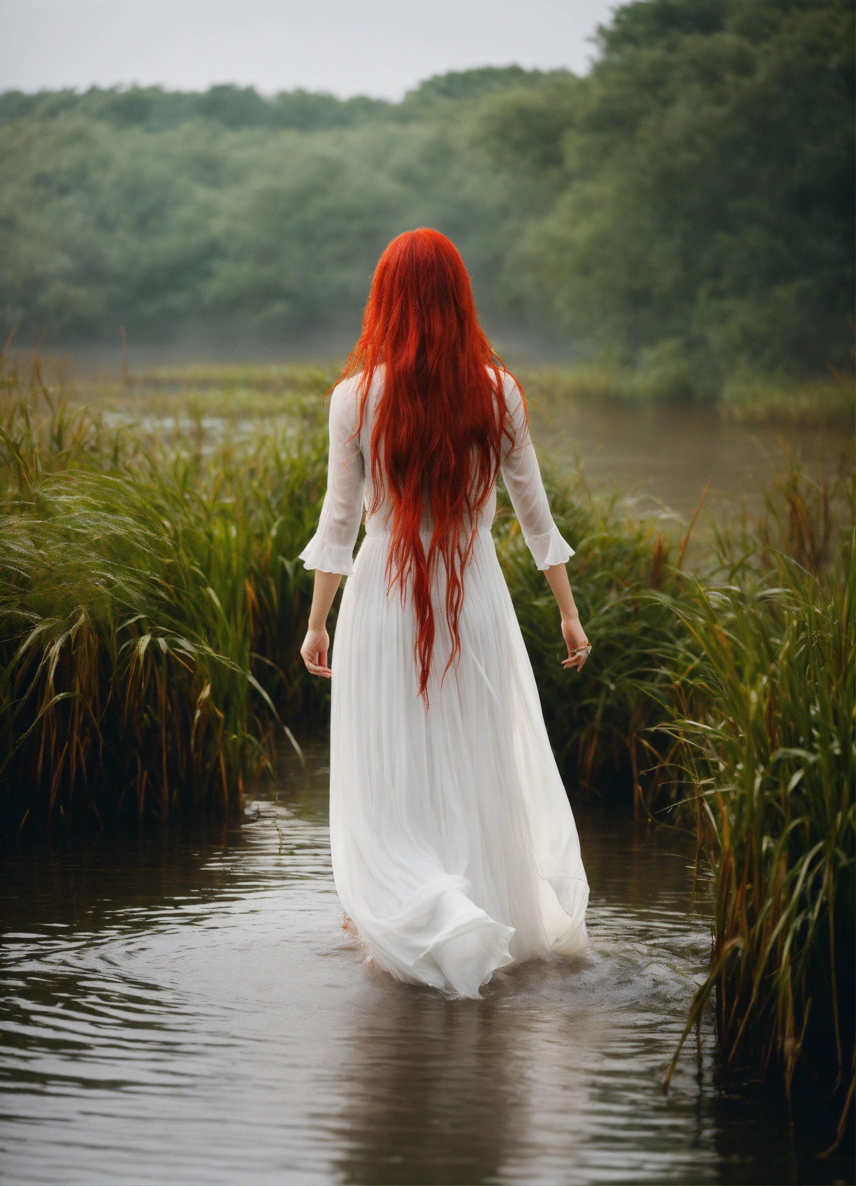Lexica - A woman turning her back wtih long red hair in awhite long ...