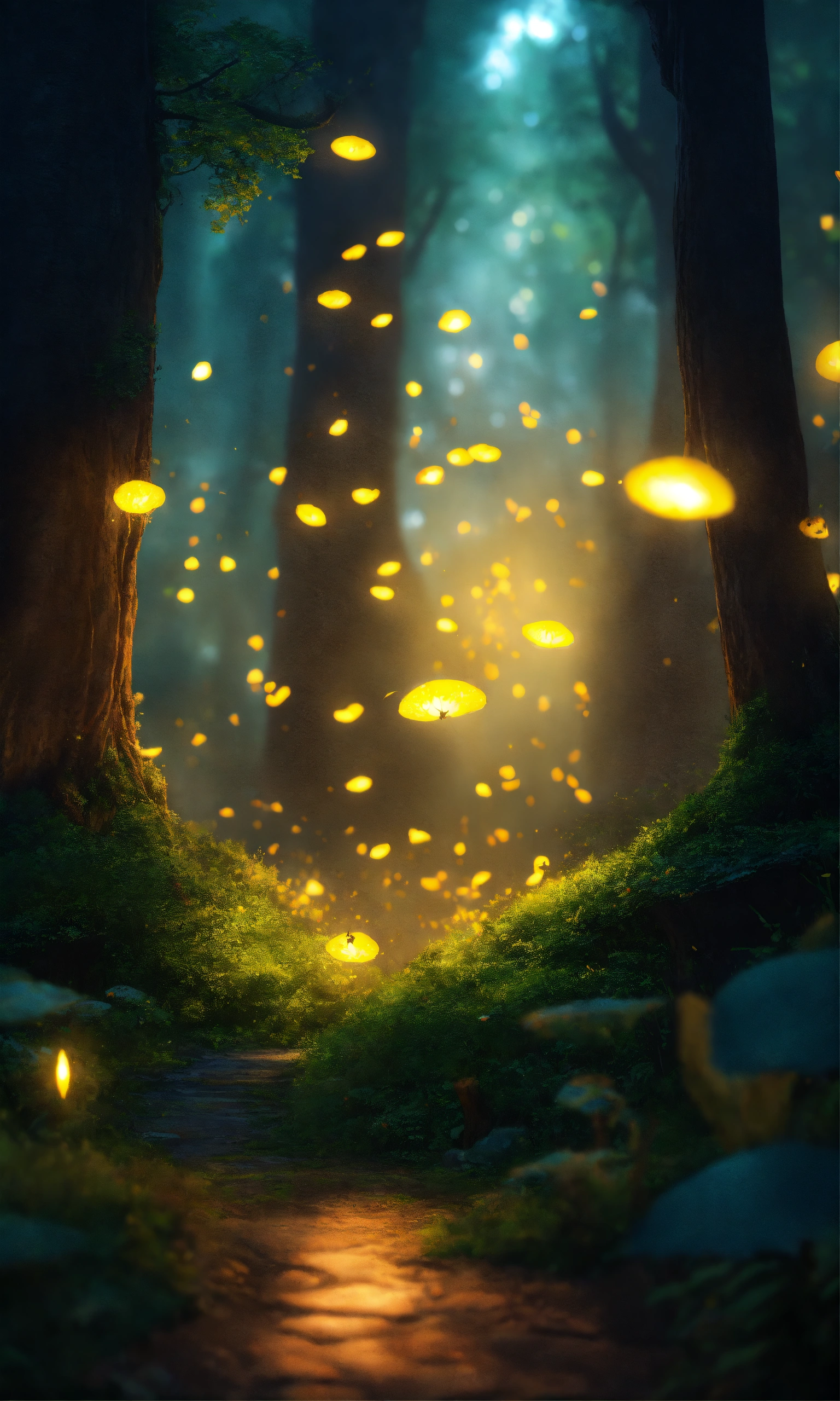 Lexica - A hidden, mystical forest with glowing fireflies and ancient ...
