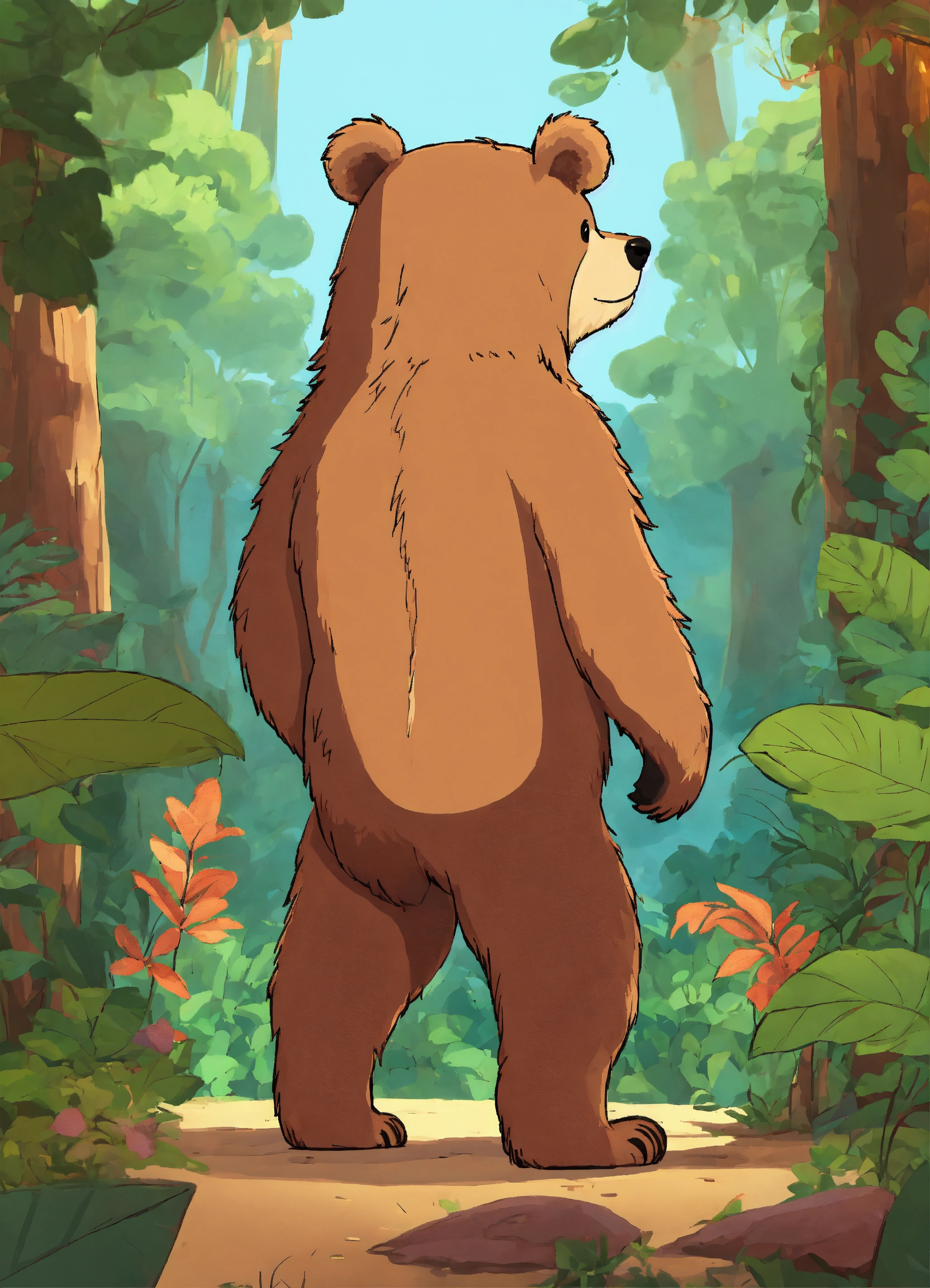Lexica - Let cartoon bear stand on two legs in jungle back view