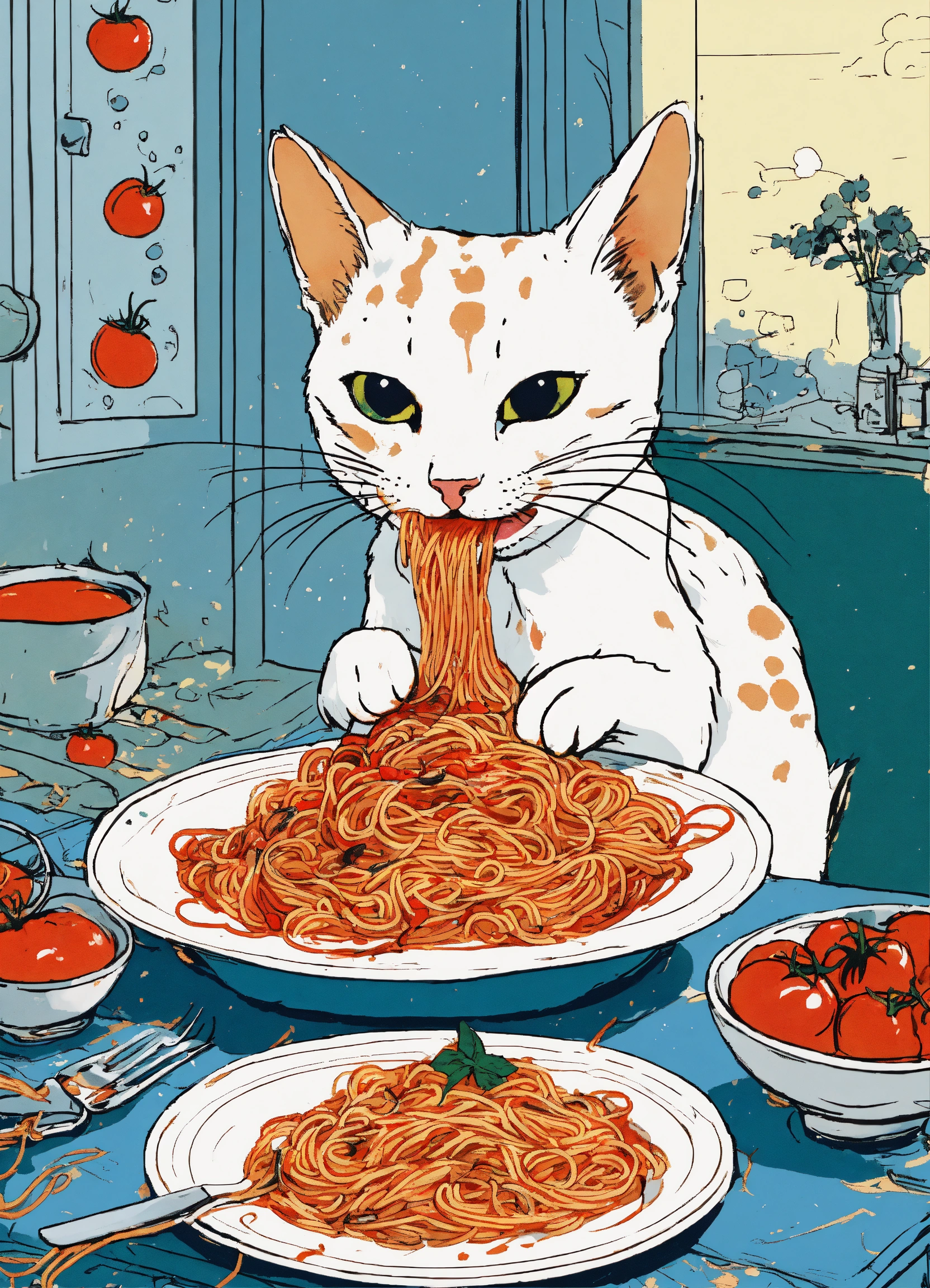 Lexica - A cute white with brown spots cat eating messy spaghetti with ...