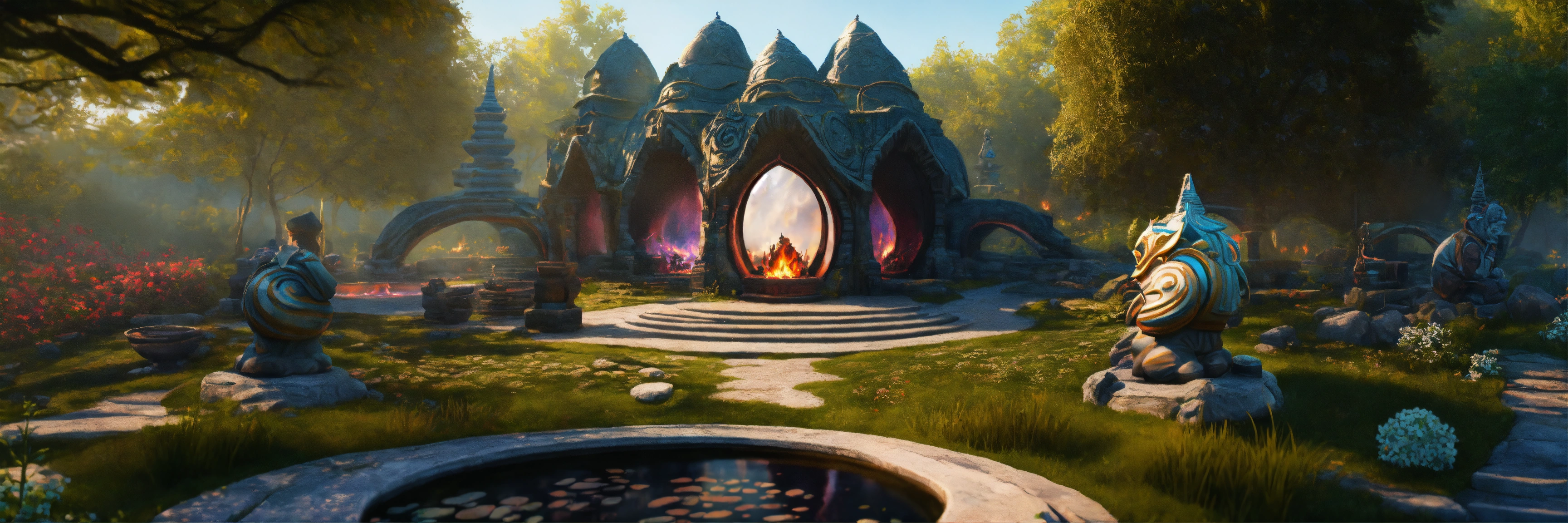 Lexica - A spiritual gnomes stone temple garden.sculptured . Style of alex  grey,giger.unreal engine.winding path. Pond. Fire pit.meditation  seat.tote...