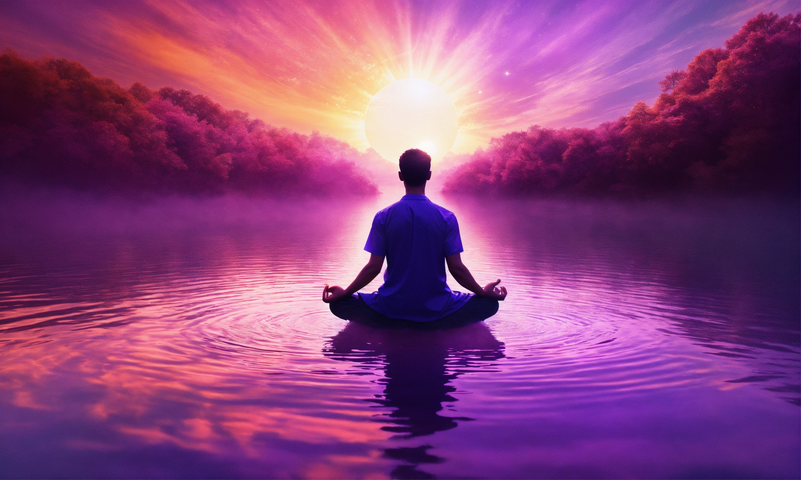 Lexica - Man shirt on , Meditation, man floating,Sun, aura, 4k, photo ...