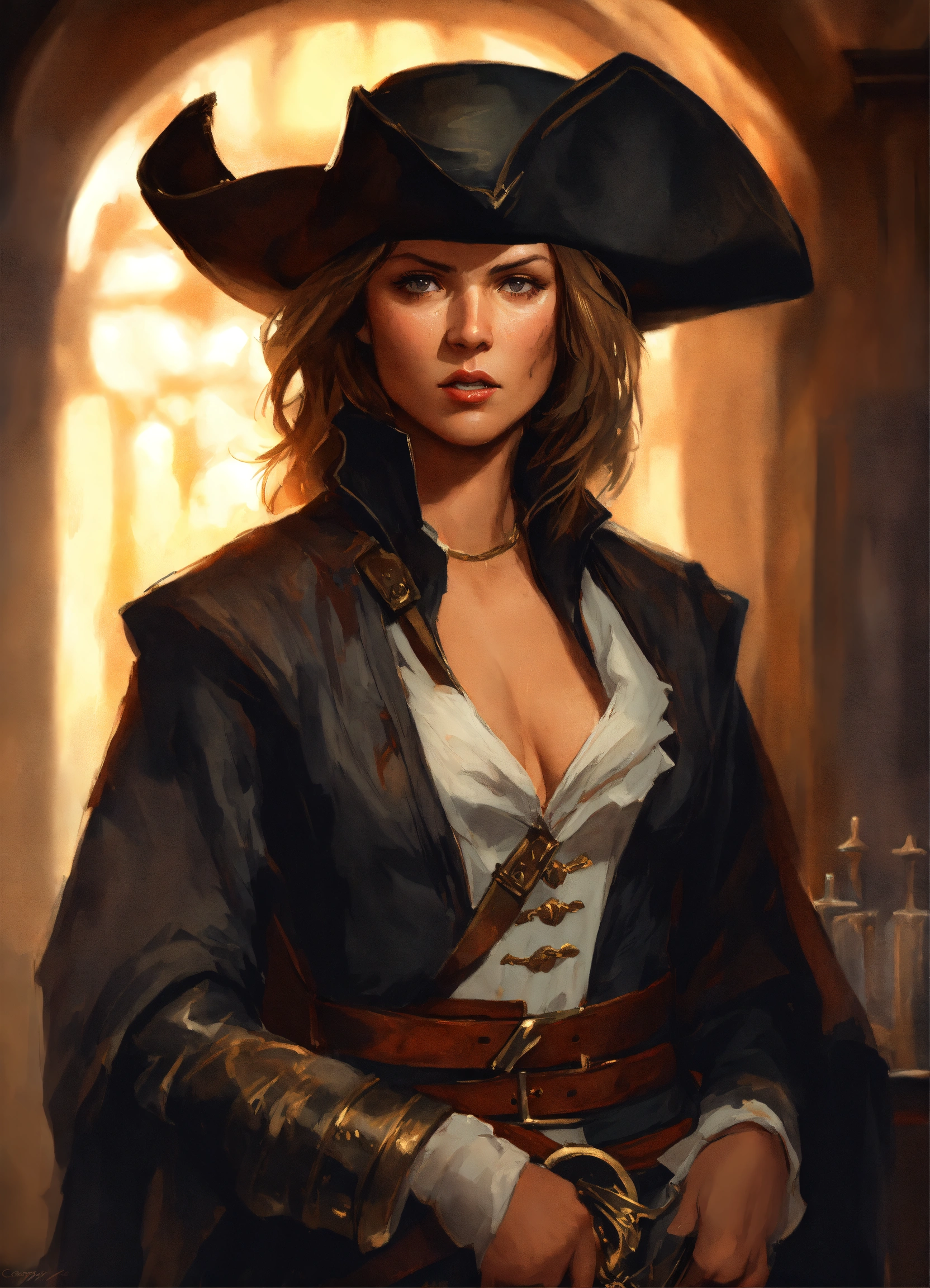 Lexica - 3/4 body shot, digital painting, Dina Meyer as a Defiant and  dangerous female musketeer swordsman dirty messy storage Room interior,  black s...