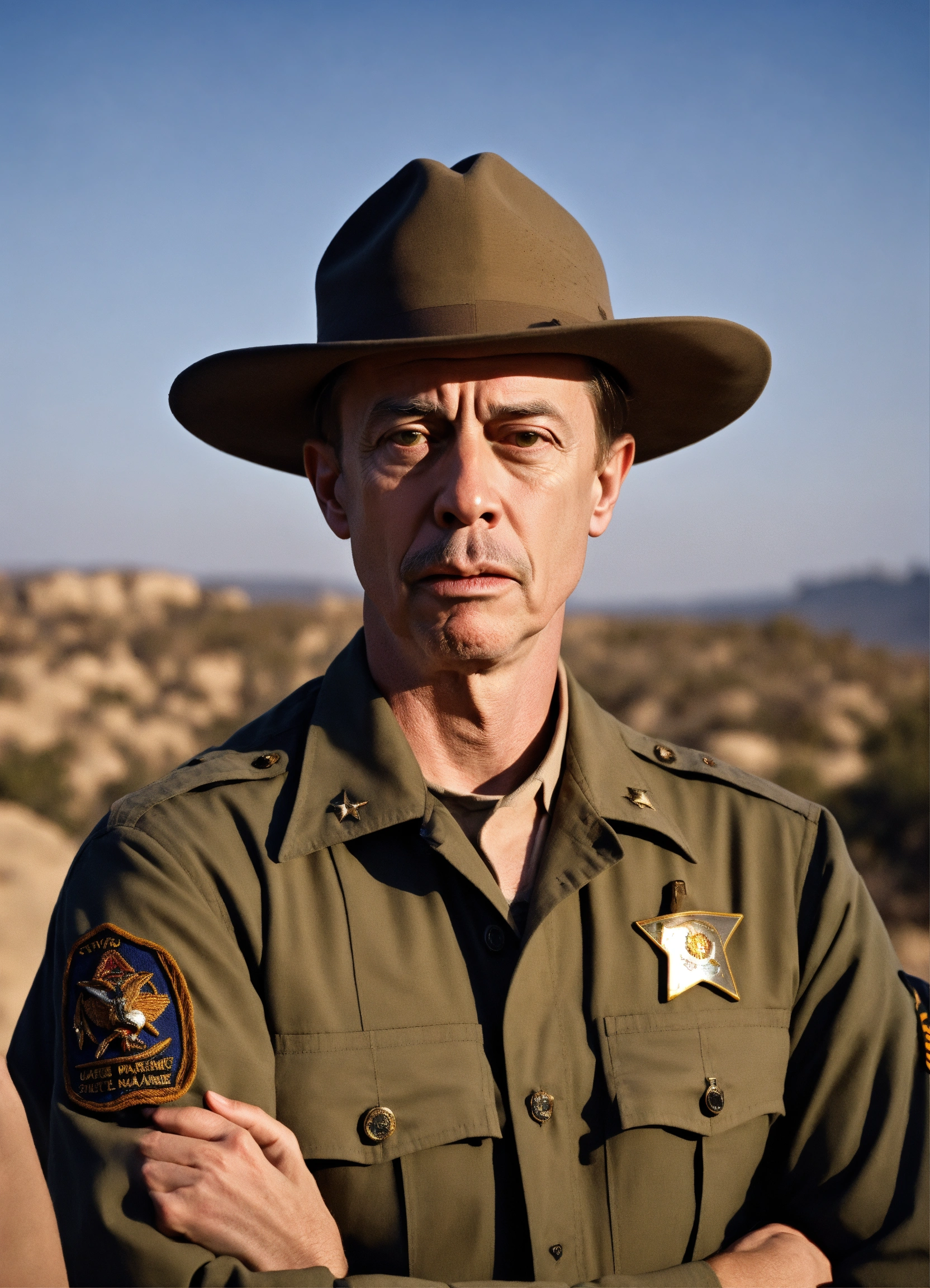 Lexica - Scared man, US PARK RANGER, FRONT VIEW, casual clothes, arms ...