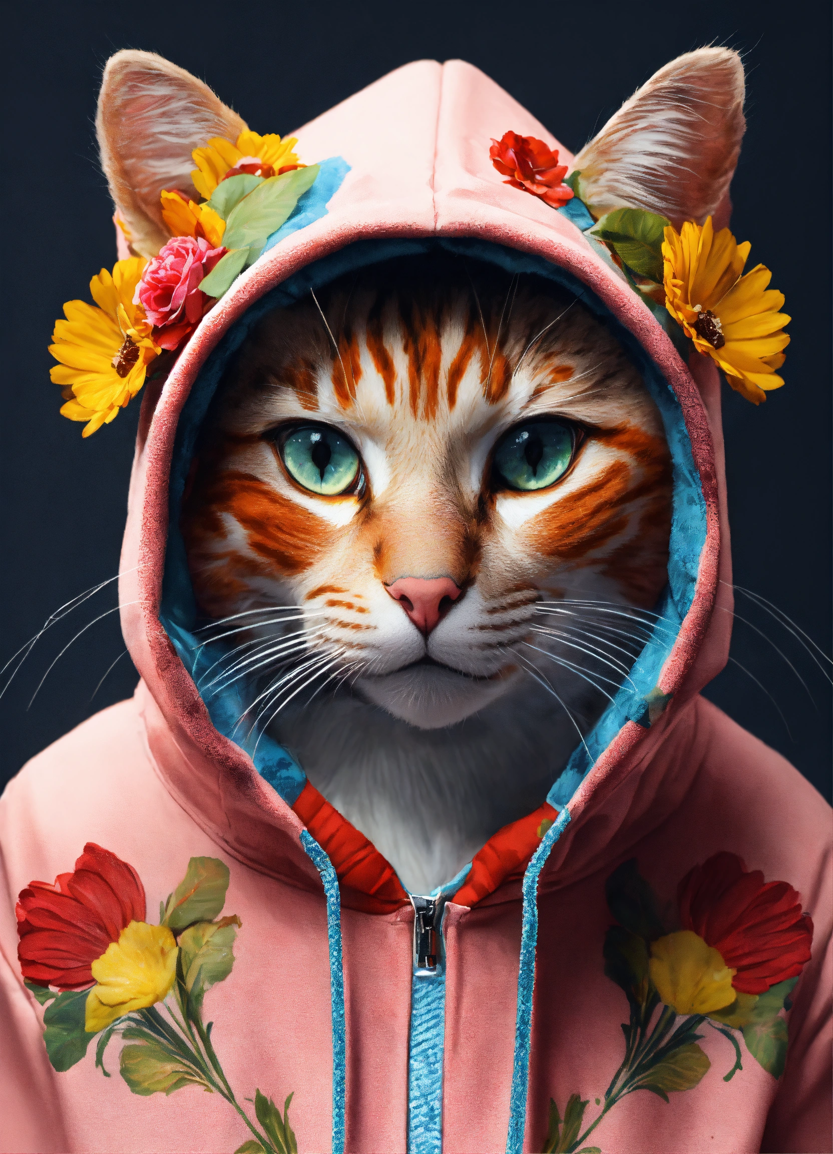 Lexica - Cat wearing embellished hoodie with flowers, 4k
