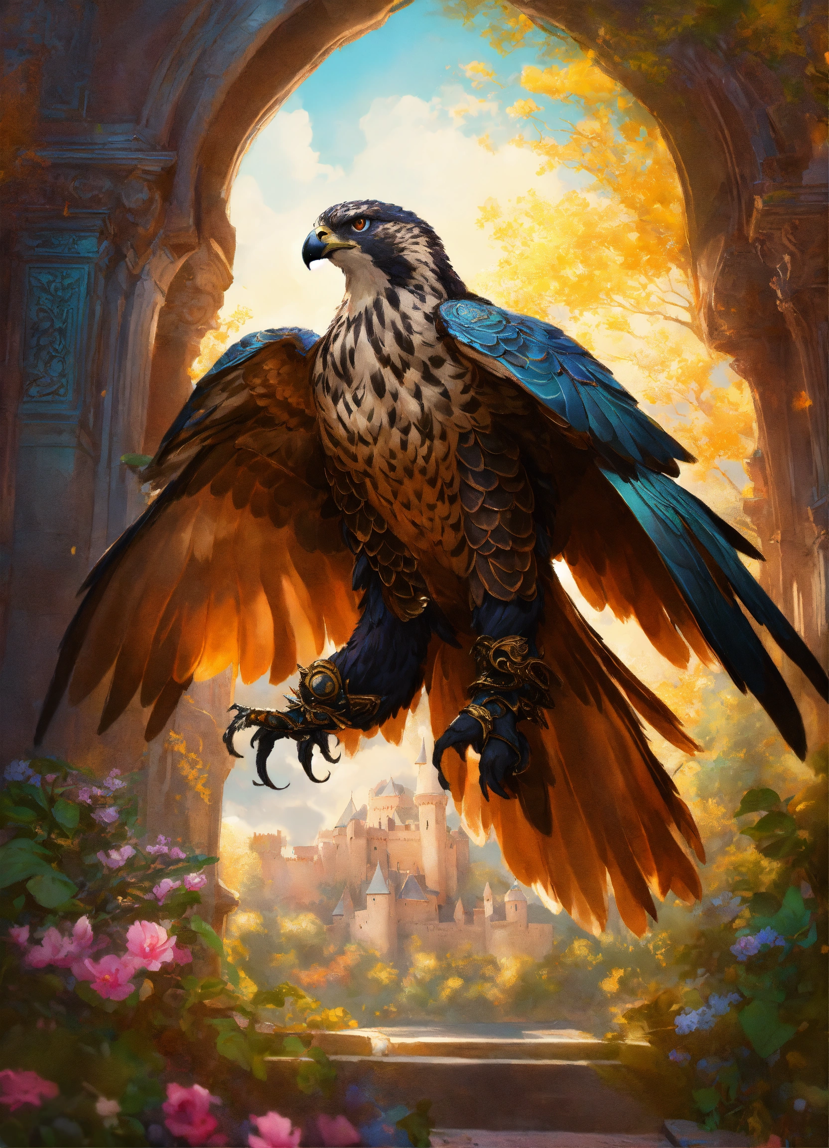 Lexica - Big animal falcon, wears magical armor, flying around castle ...